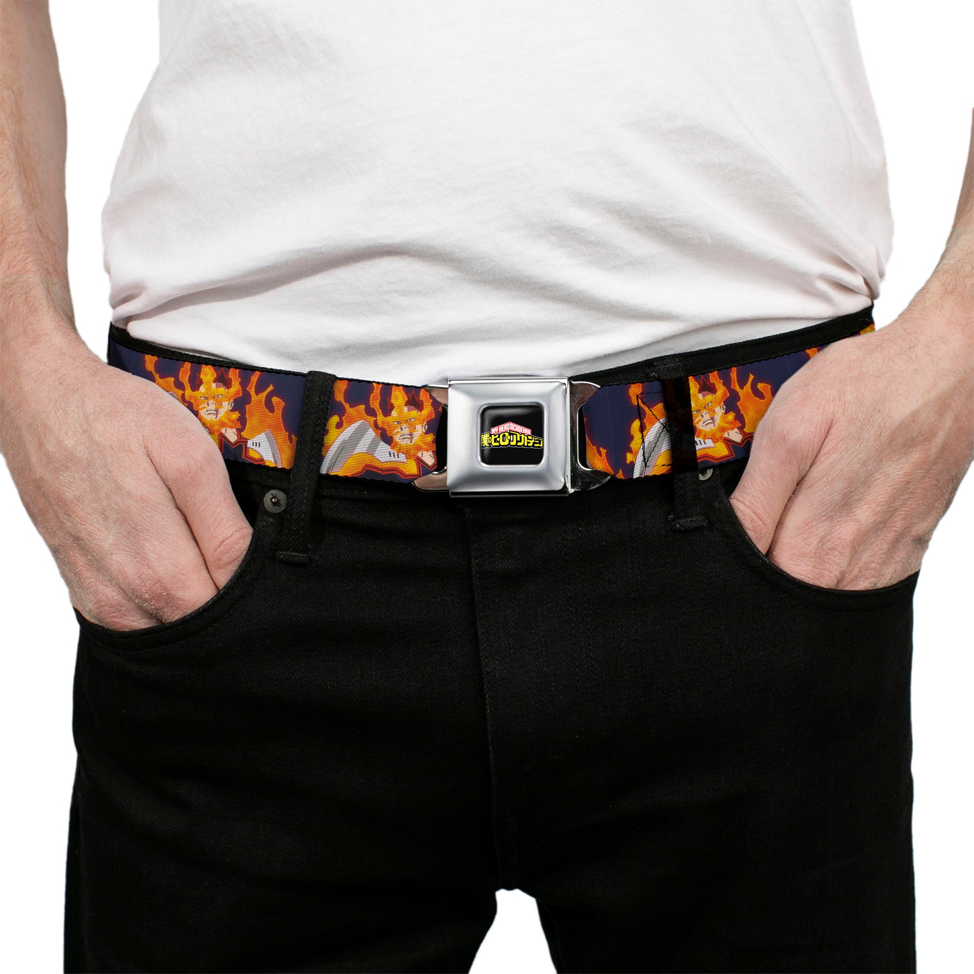 MY HERO ACADEMIA Title Logo Full Color Black Seatbelt Belt - My Hero Academia Flame Hero Endeavor Pose Blue Webbing Seatbelt Belts My Hero Academia