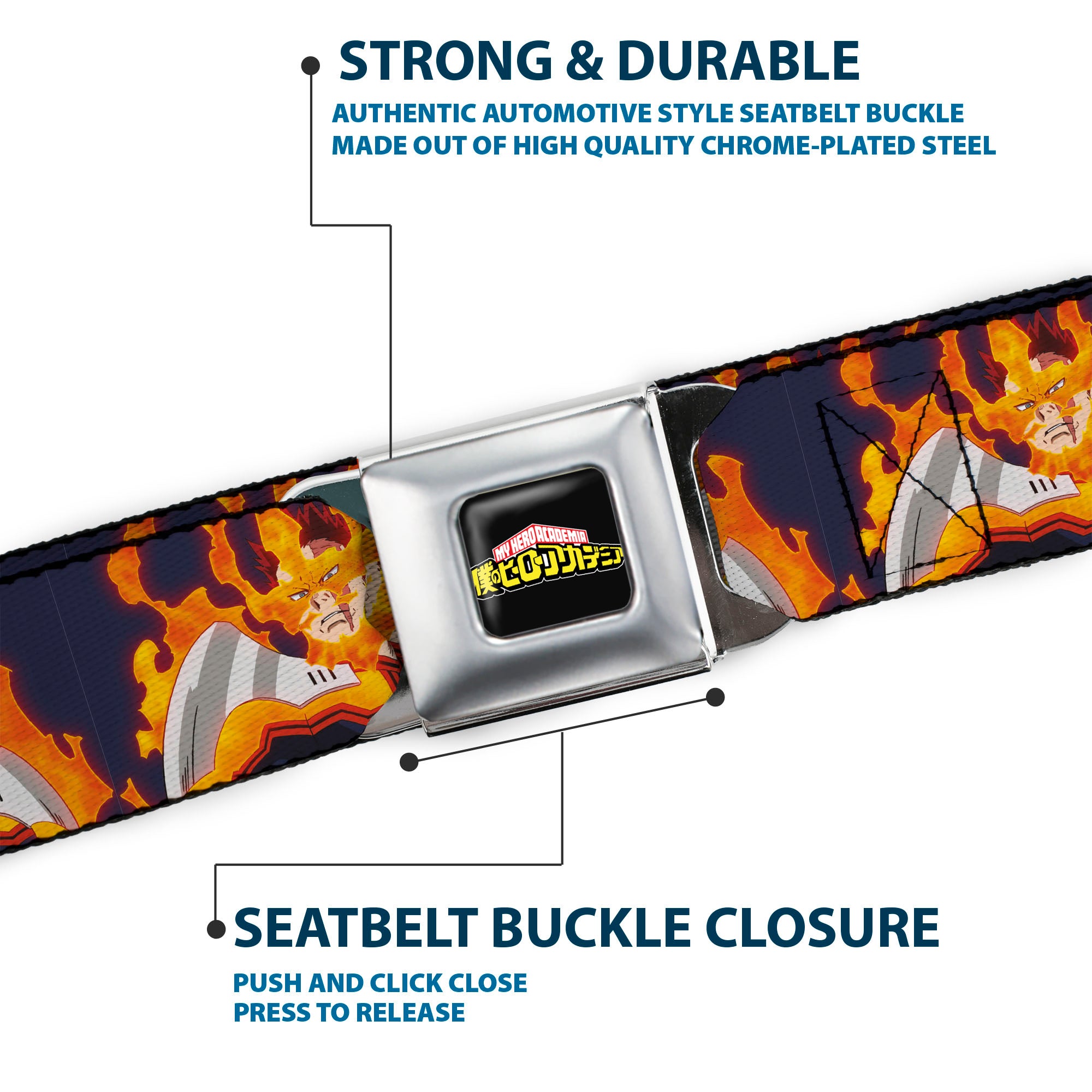 MY HERO ACADEMIA Title Logo Full Color Black Seatbelt Belt - My Hero Academia Flame Hero Endeavor Pose Blue Webbing Seatbelt Belts My Hero Academia