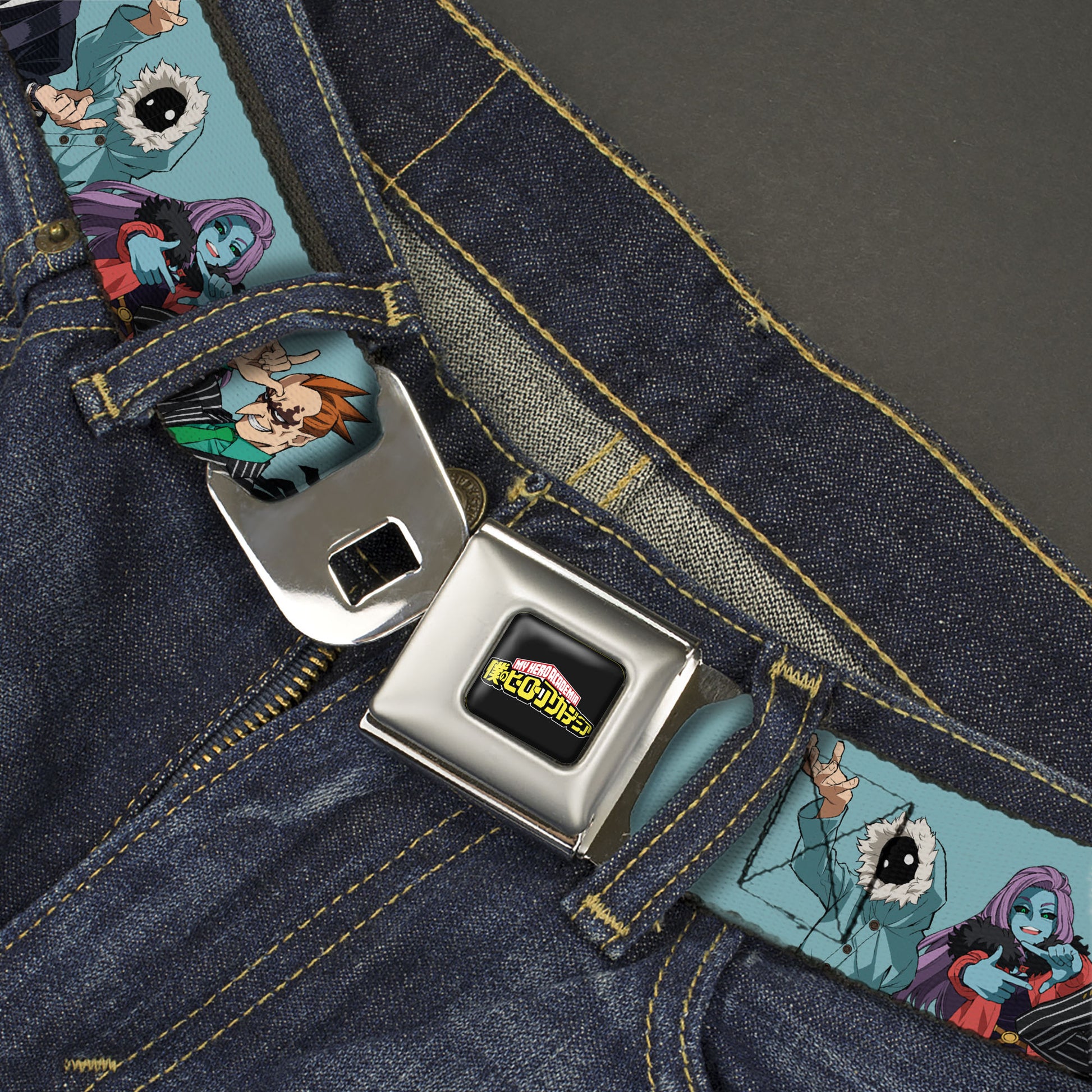 MY HERO ACADEMIA Title Logo Full Color Black Seatbelt Belt - My Hero Academia Five Meta Liberation Army Villains Blue Webbing Seatbelt Belts My Hero Academia