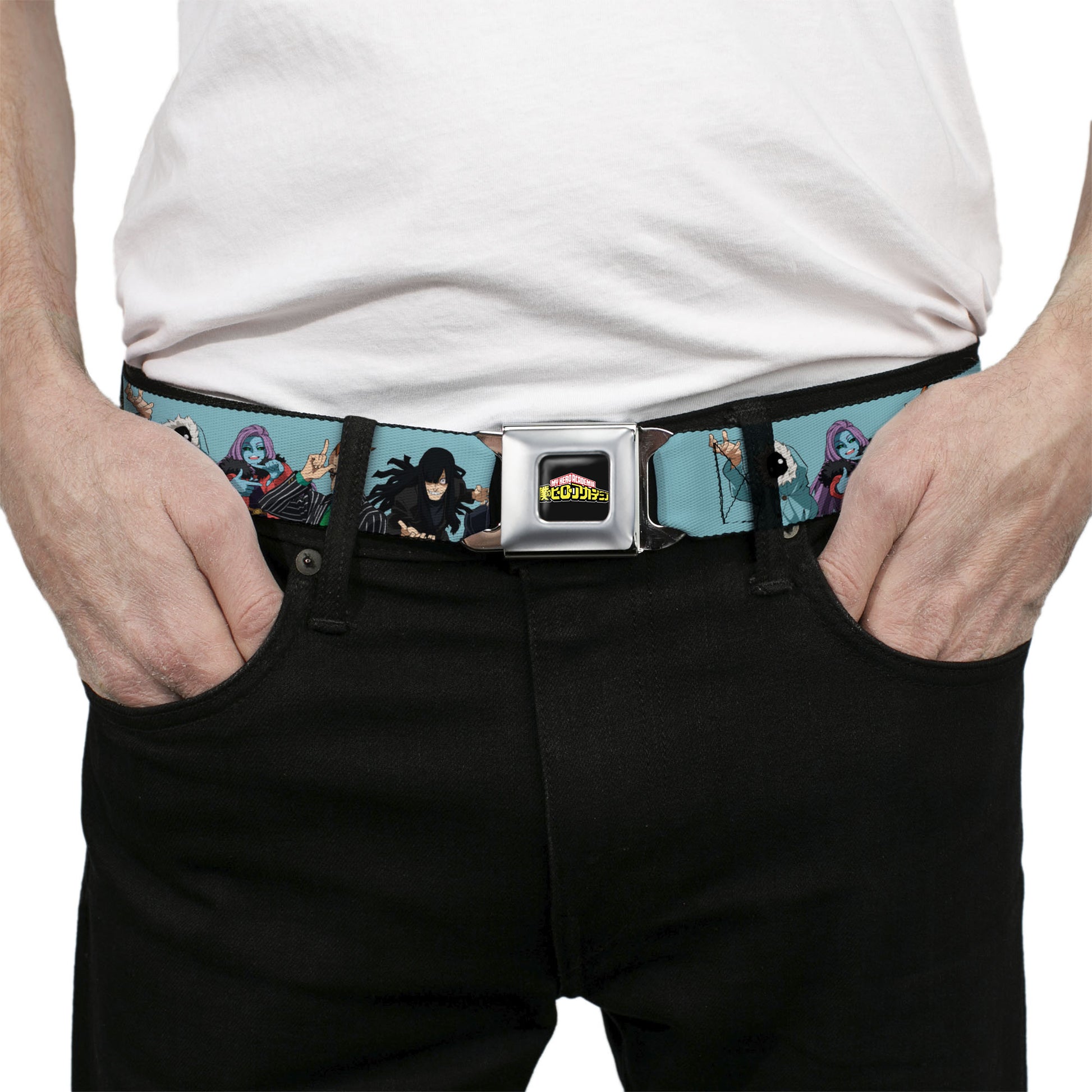 MY HERO ACADEMIA Title Logo Full Color Black Seatbelt Belt - My Hero Academia Five Meta Liberation Army Villains Blue Webbing Seatbelt Belts My Hero Academia