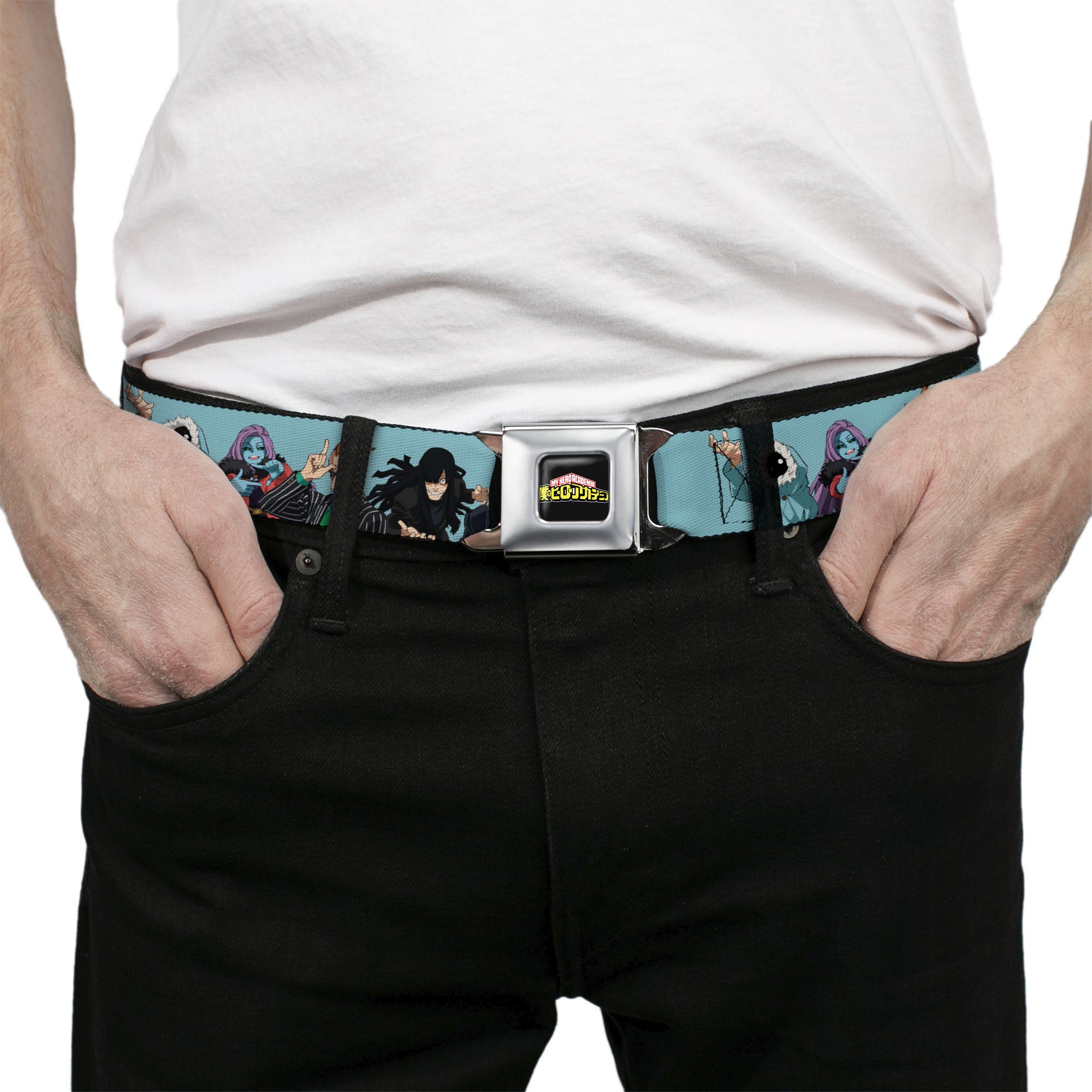 MY HERO ACADEMIA Title Logo Full Color Black Seatbelt Belt - My Hero Academia Five Meta Liberation Army Villains Blue Webbing Seatbelt Belts My Hero Academia