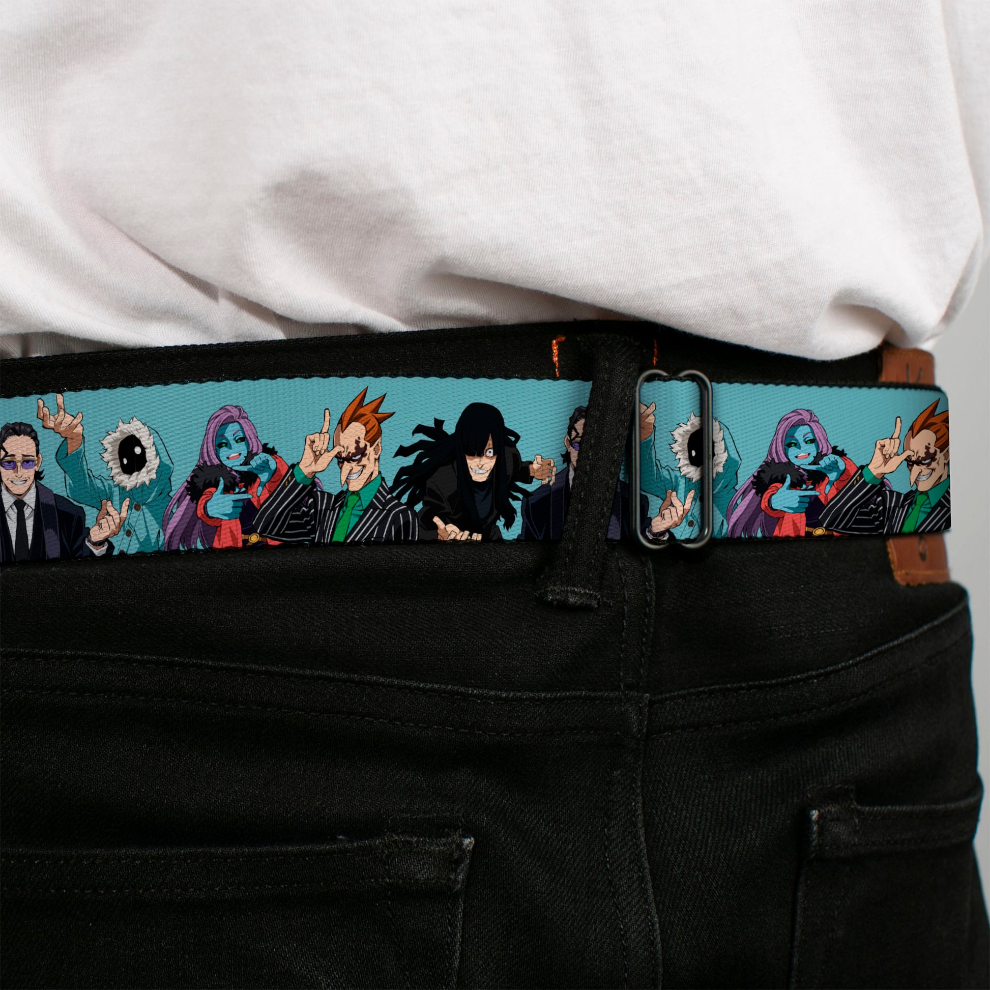 MY HERO ACADEMIA Title Logo Full Color Black Seatbelt Belt - My Hero Academia Five Meta Liberation Army Villains Blue Webbing Seatbelt Belts My Hero Academia