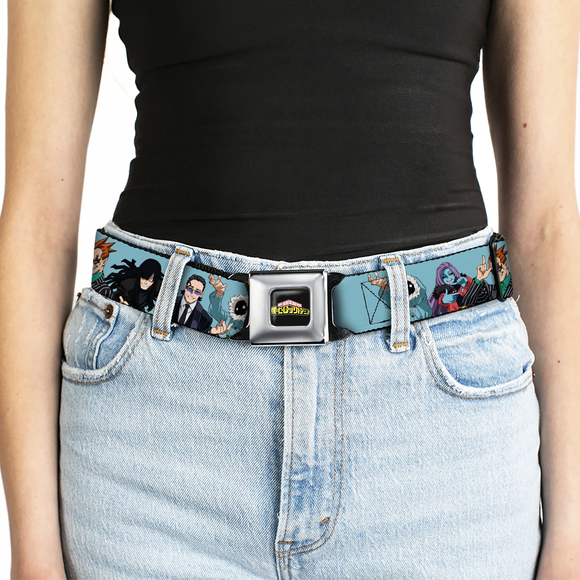 MY HERO ACADEMIA Title Logo Full Color Black Seatbelt Belt - My Hero Academia Five Meta Liberation Army Villains Blue Webbing Seatbelt Belts My Hero Academia