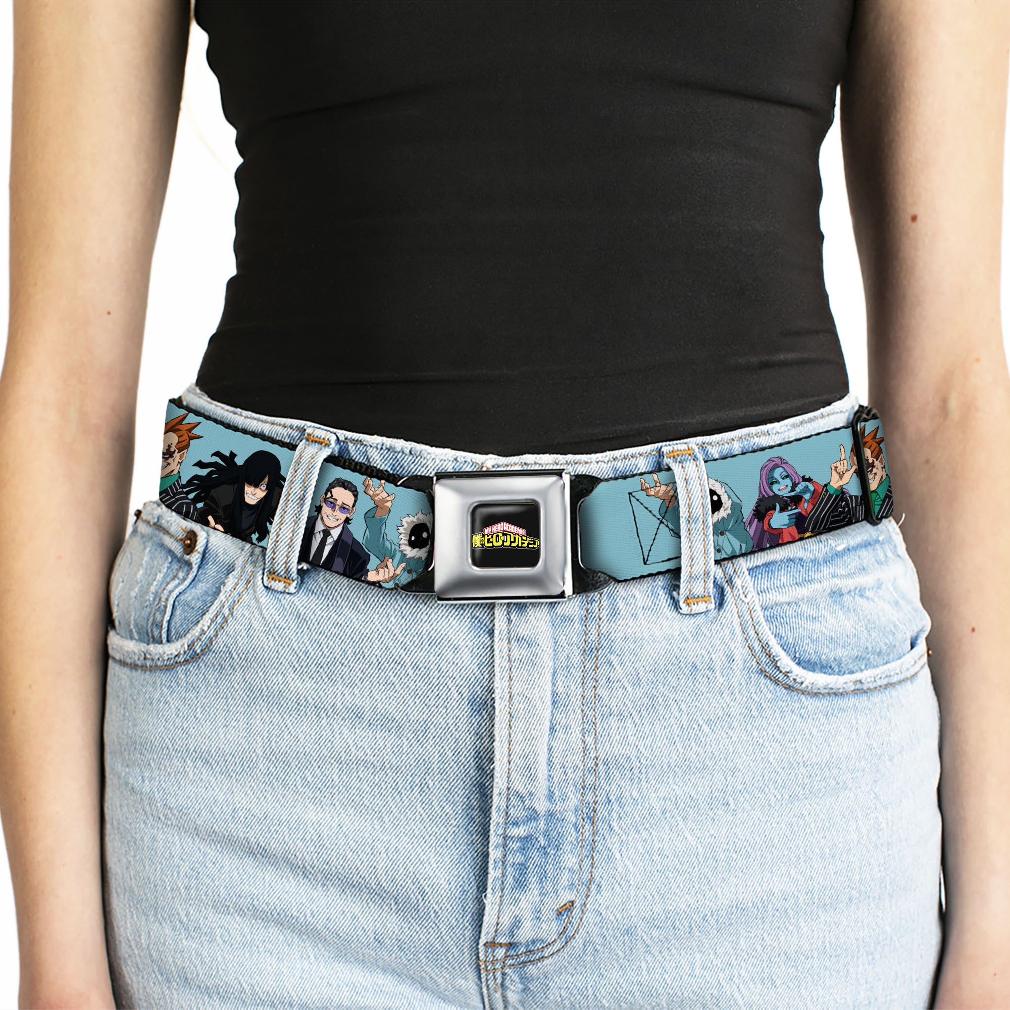 MY HERO ACADEMIA Title Logo Full Color Black Seatbelt Belt - My Hero Academia Five Meta Liberation Army Villains Blue Webbing Seatbelt Belts My Hero Academia