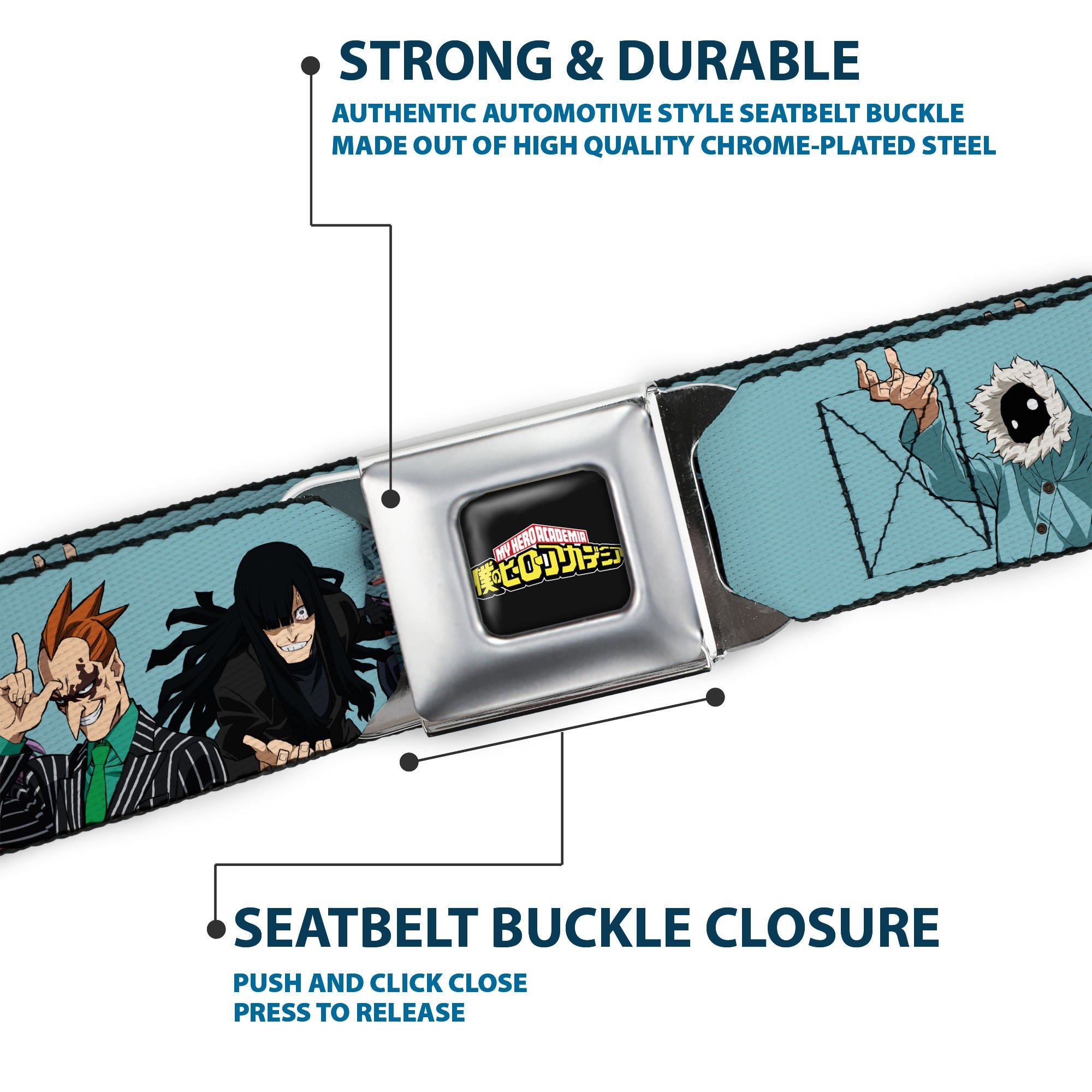MY HERO ACADEMIA Title Logo Full Color Black Seatbelt Belt - My Hero Academia Five Meta Liberation Army Villains Blue Webbing Seatbelt Belts My Hero Academia