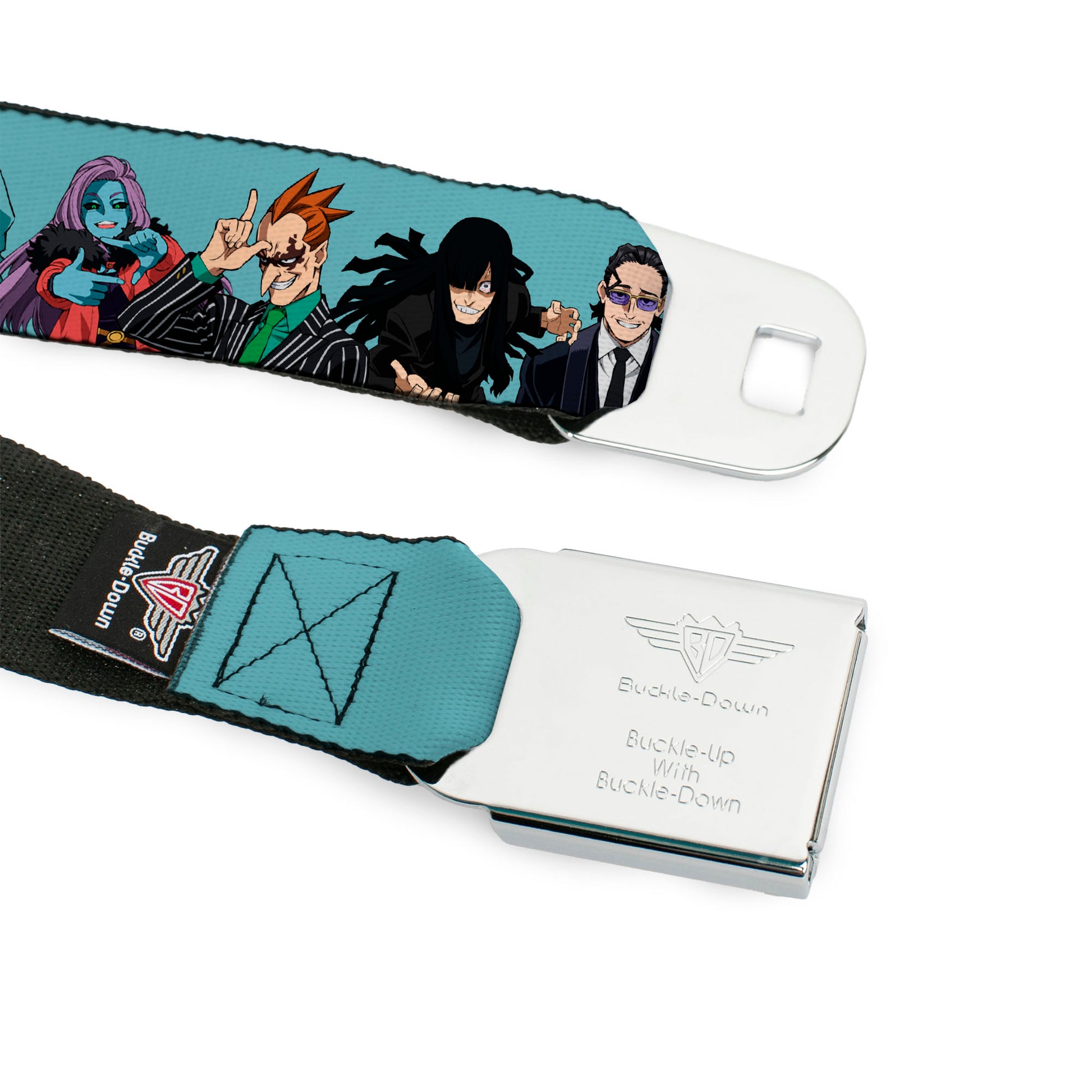 MY HERO ACADEMIA Title Logo Full Color Black Seatbelt Belt - My Hero Academia Five Meta Liberation Army Villains Blue Webbing Seatbelt Belts My Hero Academia