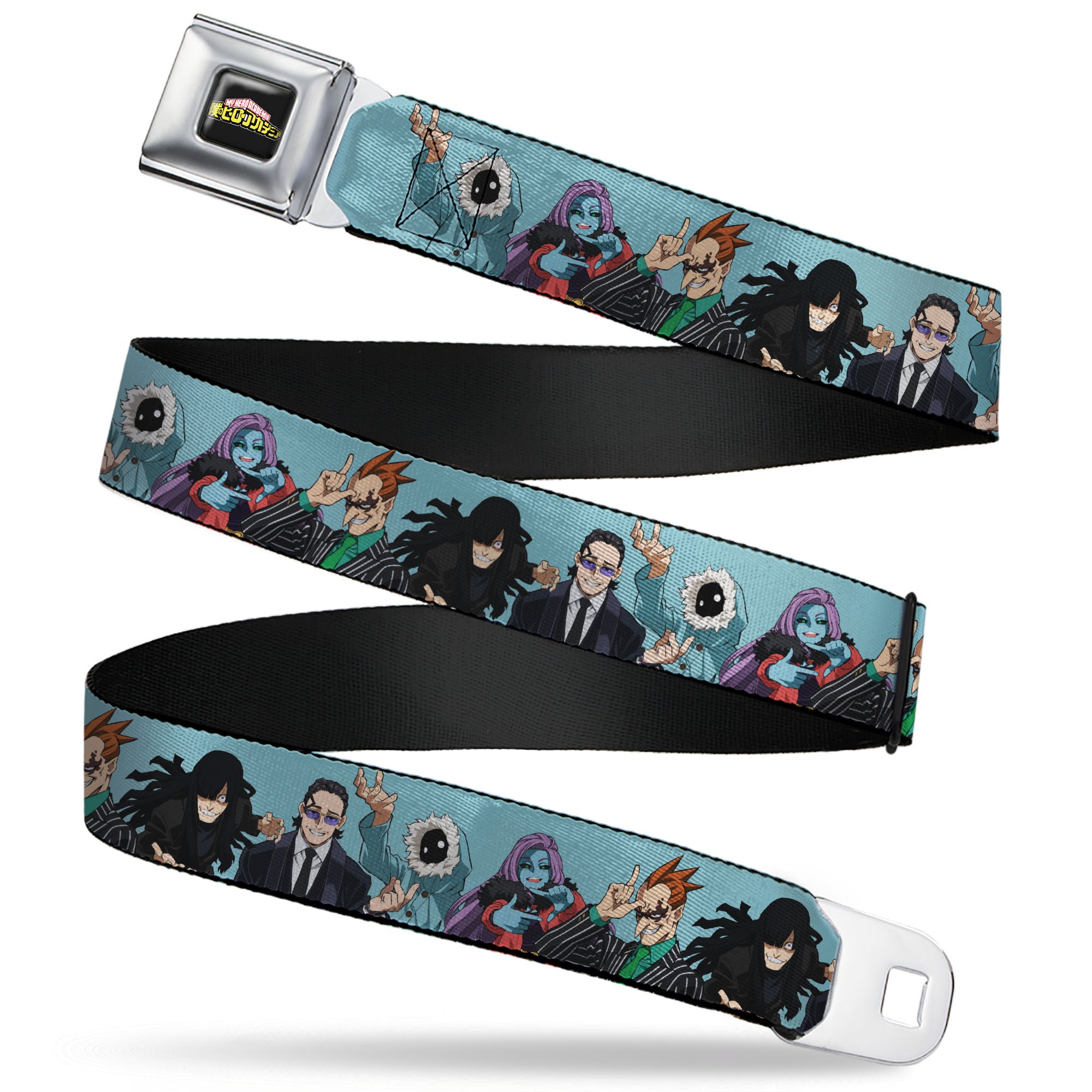 MY HERO ACADEMIA Title Logo Full Color Black Seatbelt Belt - My Hero Academia Five Meta Liberation Army Villains Blue Webbing Seatbelt Belts My Hero Academia