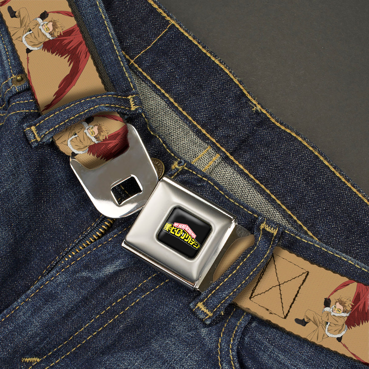 MY HERO ACADEMIA Title Logo Full Color Black Seatbelt Belt - My Hero Academia Keigo Takami Hawks Action Pose Orange Webbing Seatbelt Belts My Hero Academia
