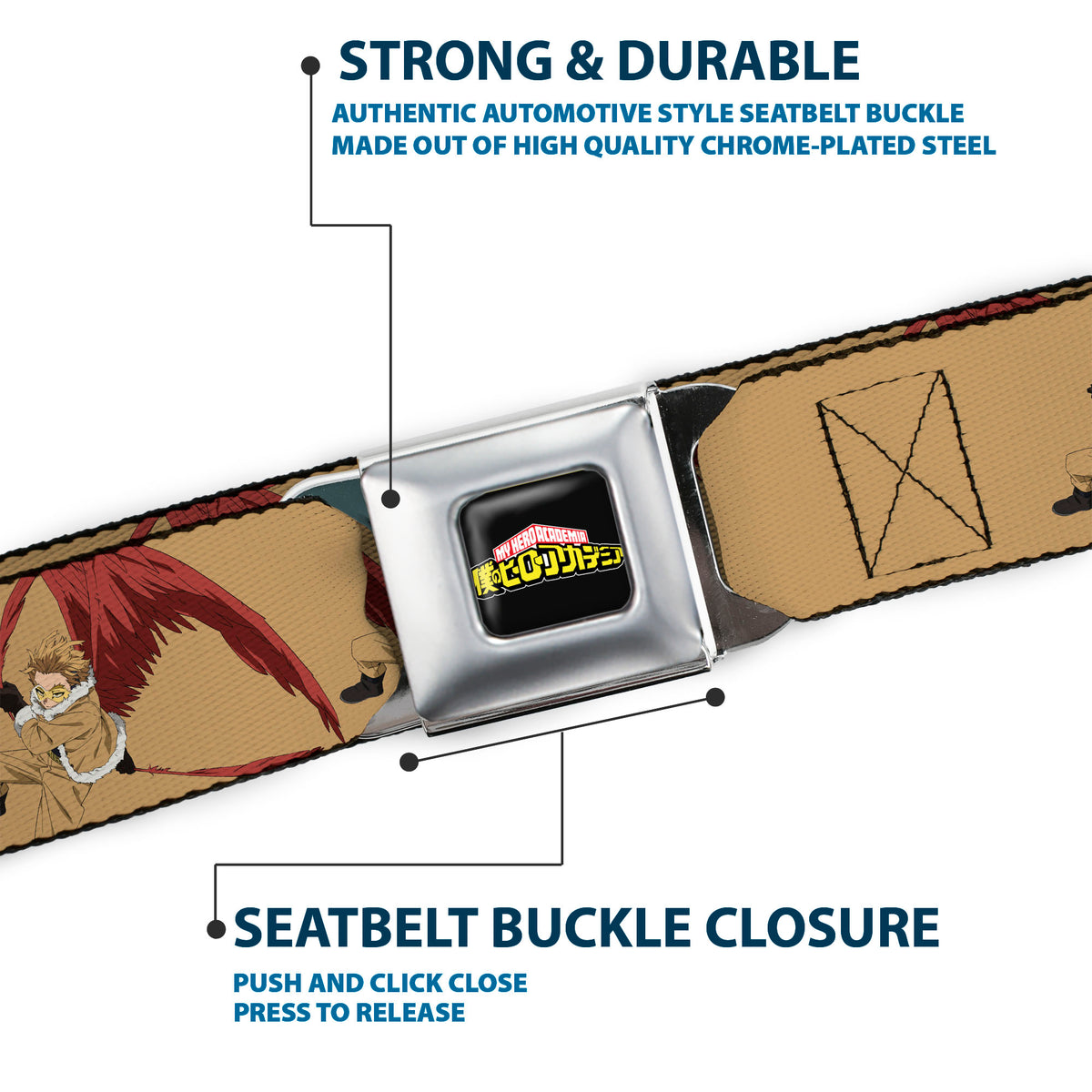 MY HERO ACADEMIA Title Logo Full Color Black Seatbelt Belt - My Hero Academia Keigo Takami Hawks Action Pose Orange Webbing Seatbelt Belts My Hero Academia