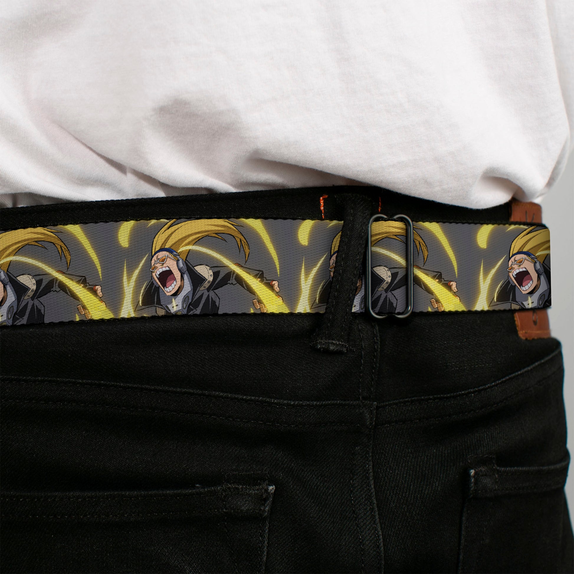 MY HERO ACADEMIA Title Logo Full Color Black Seatbelt Belt - My Hero Academia Hizashi Yamada Present Mic Screaming Pose Gray Webbing Seatbelt Belts My Hero Academia