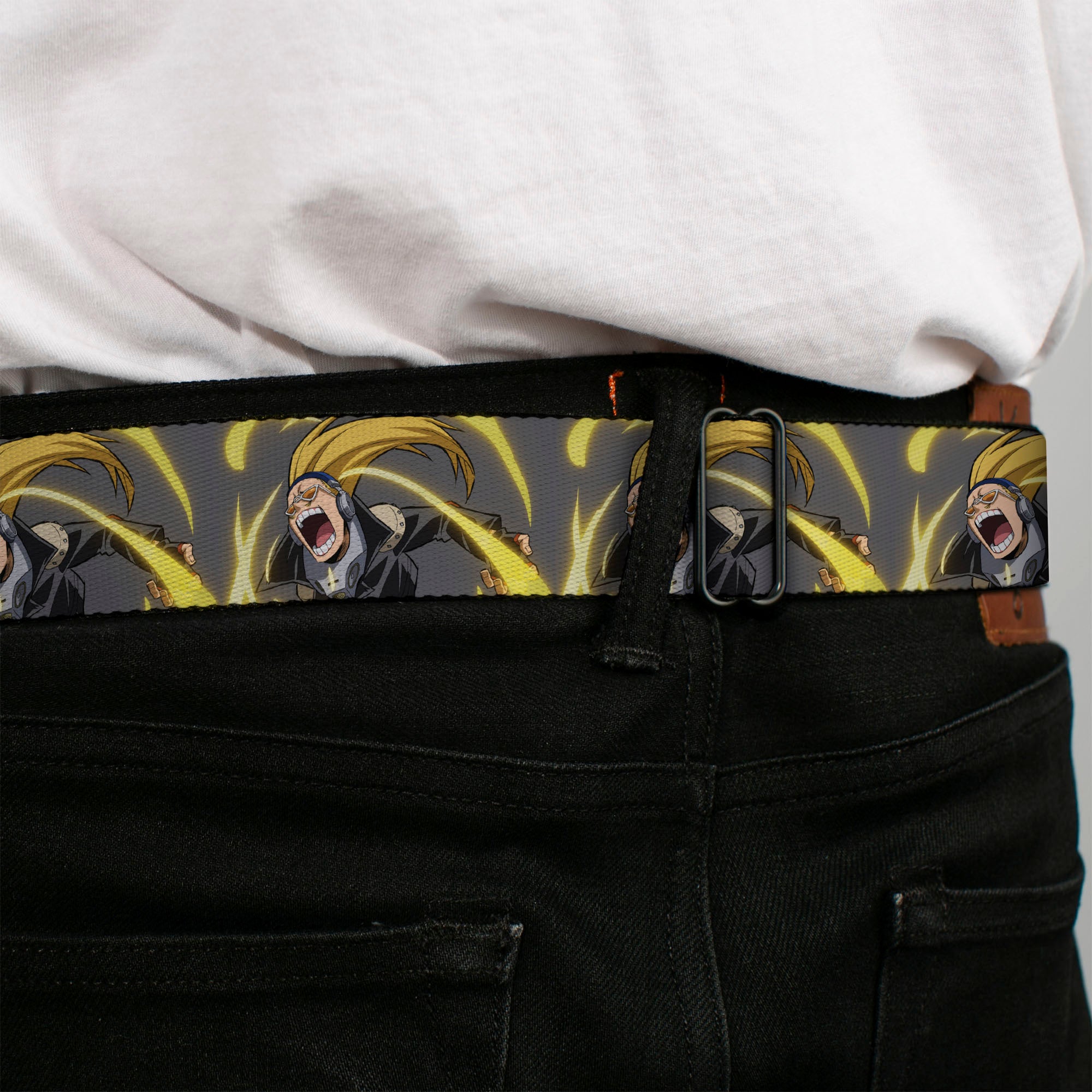 MY HERO ACADEMIA Title Logo Full Color Black Seatbelt Belt - My Hero Academia Hizashi Yamada Present Mic Screaming Pose Gray Webbing Seatbelt Belts My Hero Academia