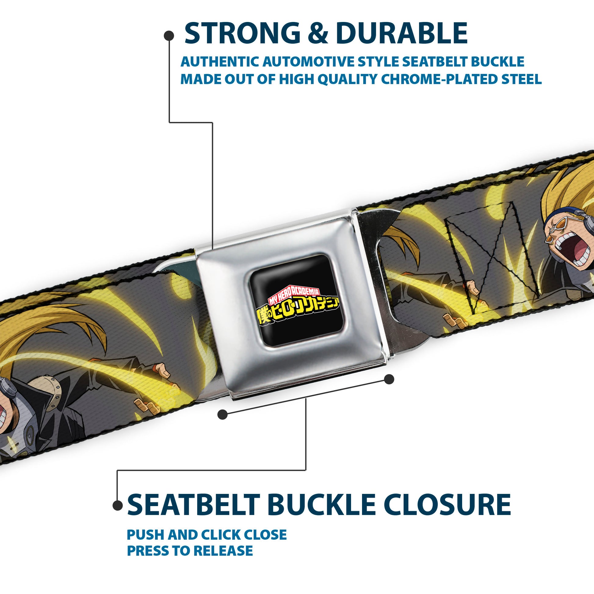 MY HERO ACADEMIA Title Logo Full Color Black Seatbelt Belt - My Hero Academia Hizashi Yamada Present Mic Screaming Pose Gray Webbing Seatbelt Belts My Hero Academia