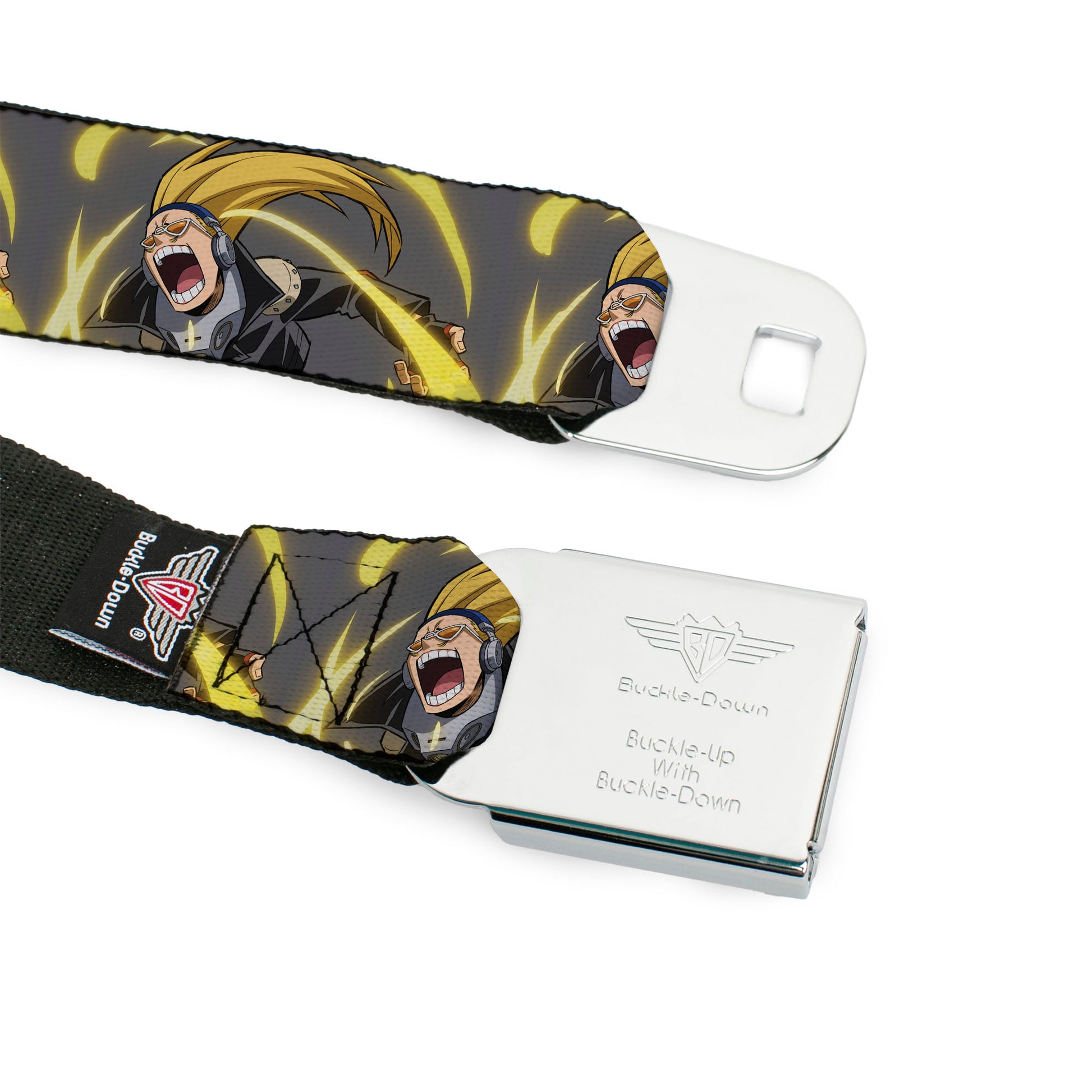 MY HERO ACADEMIA Title Logo Full Color Black Seatbelt Belt - My Hero Academia Hizashi Yamada Present Mic Screaming Pose Gray Webbing Seatbelt Belts My Hero Academia