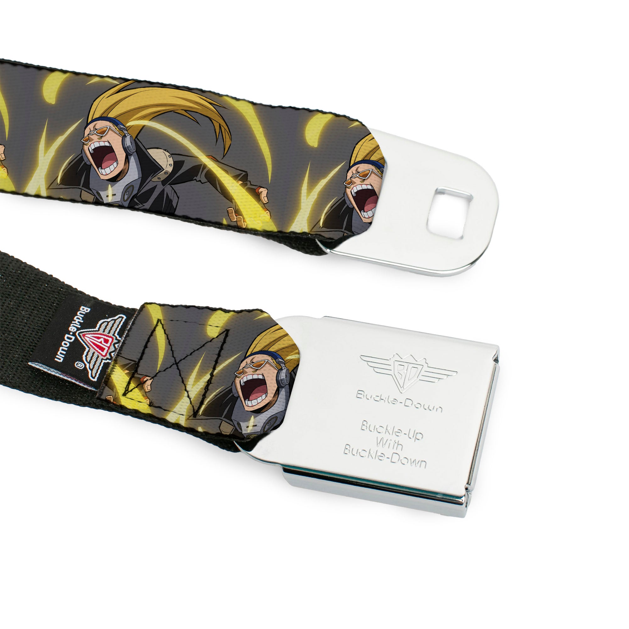 MY HERO ACADEMIA Title Logo Full Color Black Seatbelt Belt - My Hero Academia Hizashi Yamada Present Mic Screaming Pose Gray Webbing Seatbelt Belts My Hero Academia