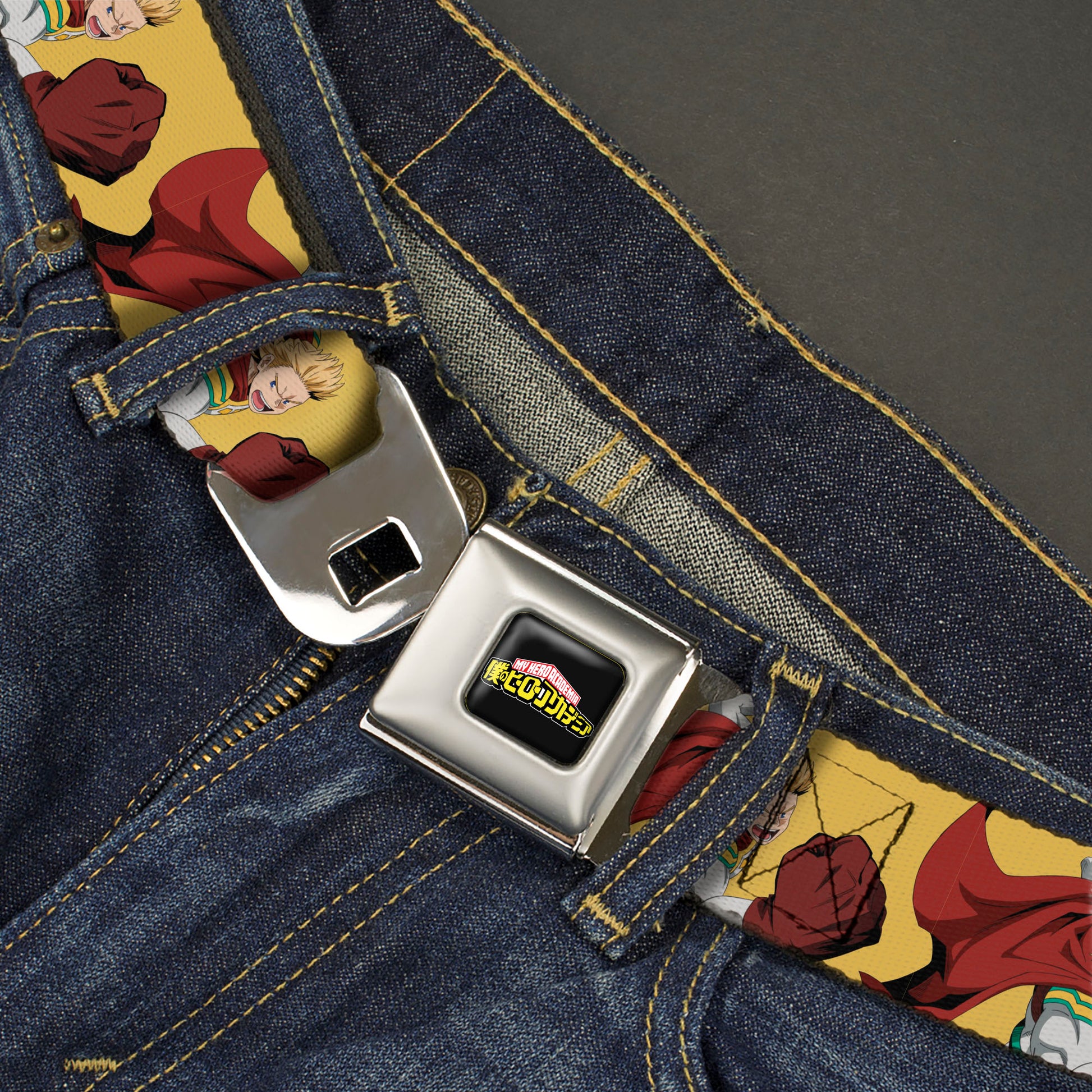 MY HERO ACADEMIA Title Logo Full Color Black Seatbelt Belt - My Hero Academia Mirio Togata Upper Cut Pose Yellow Webbing Seatbelt Belts My Hero Academia