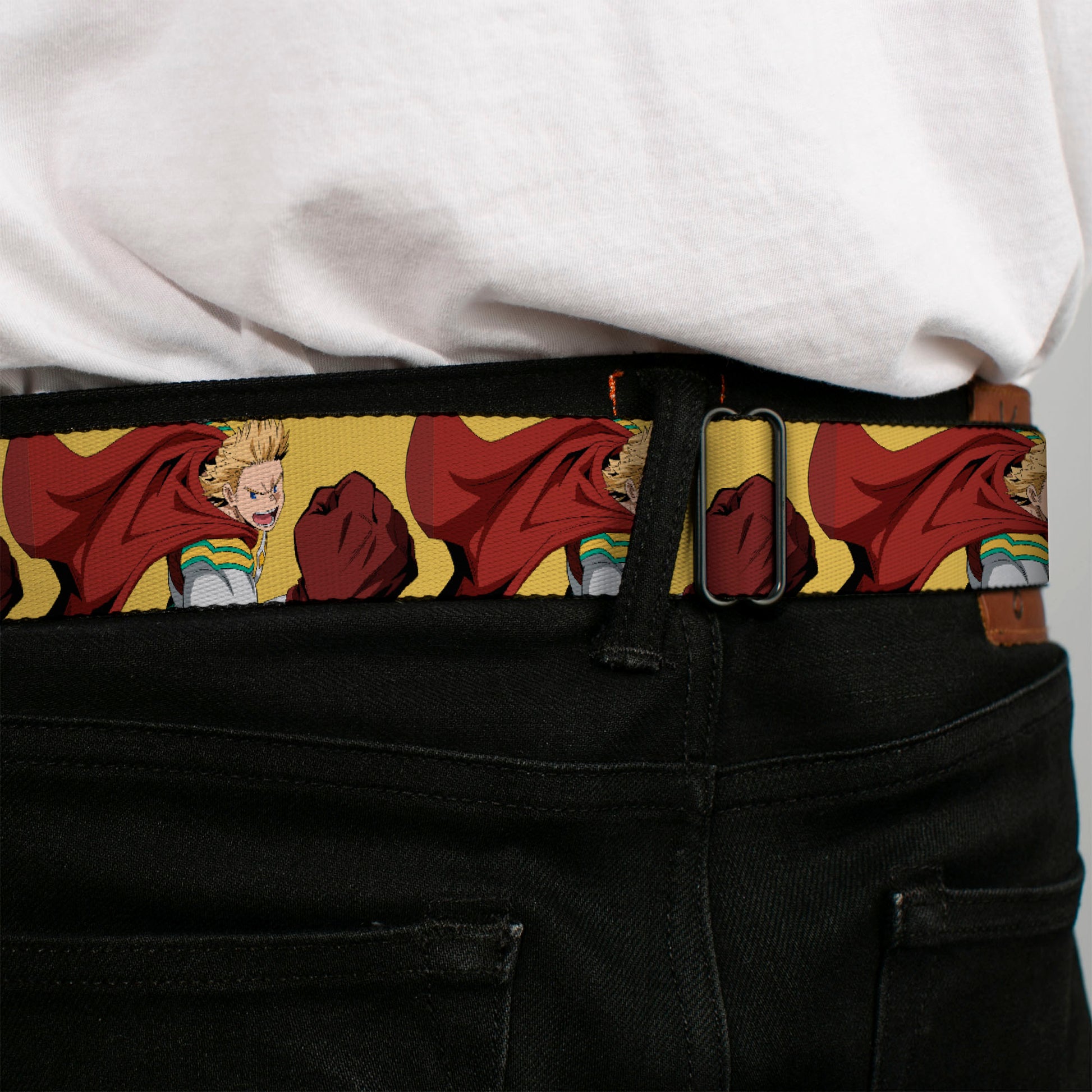MY HERO ACADEMIA Title Logo Full Color Black Seatbelt Belt - My Hero Academia Mirio Togata Upper Cut Pose Yellow Webbing Seatbelt Belts My Hero Academia