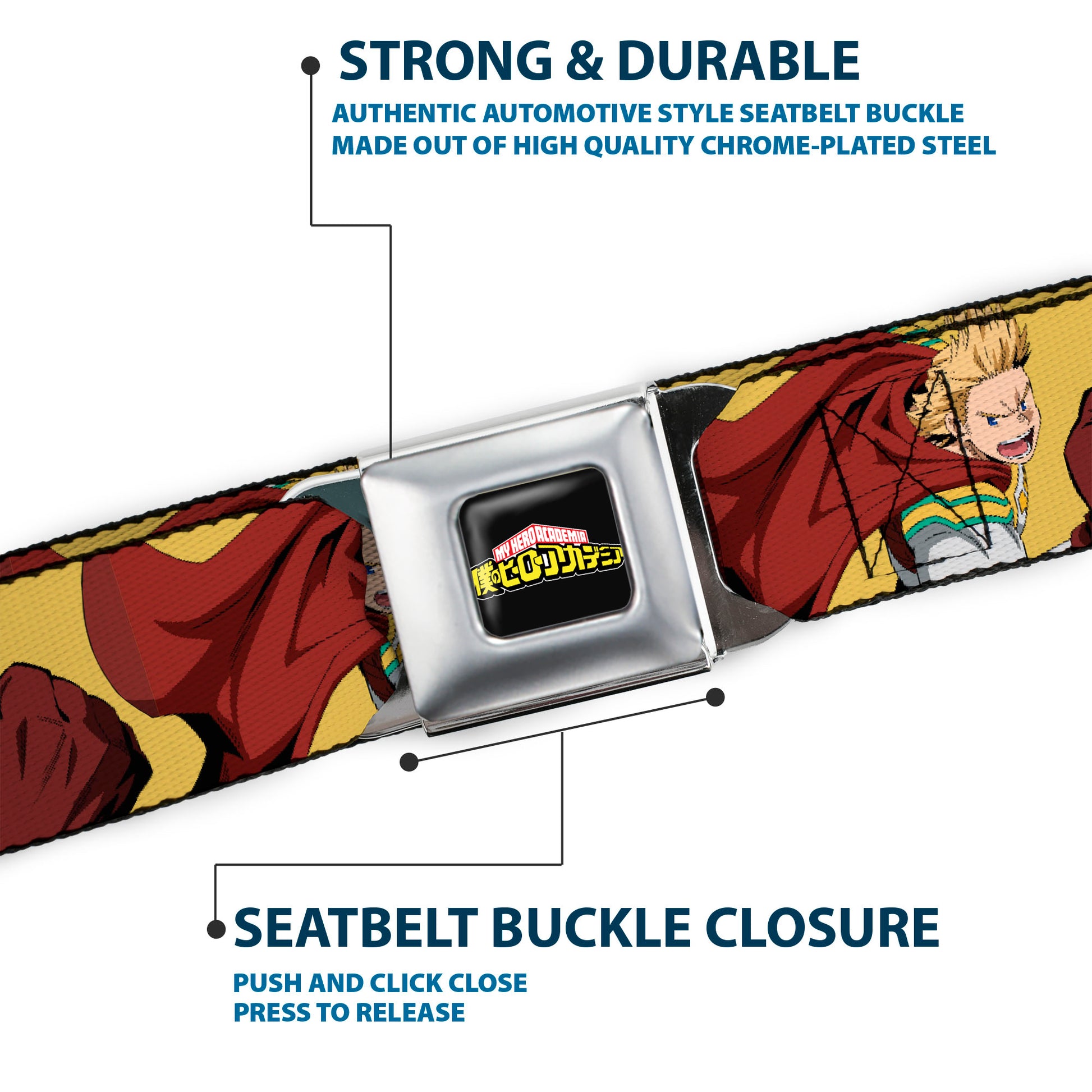 MY HERO ACADEMIA Title Logo Full Color Black Seatbelt Belt - My Hero Academia Mirio Togata Upper Cut Pose Yellow Webbing Seatbelt Belts My Hero Academia