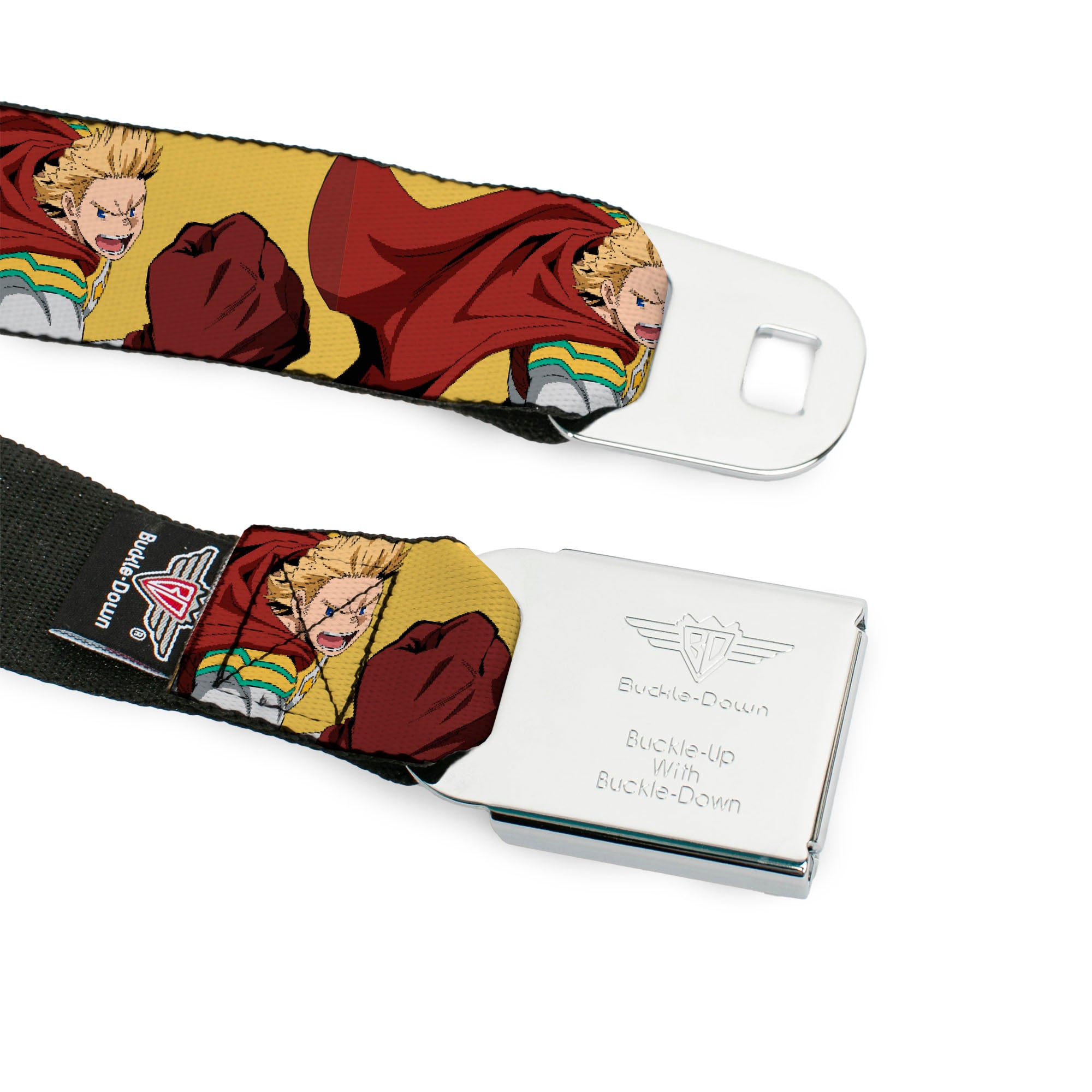 MY HERO ACADEMIA Title Logo Full Color Black Seatbelt Belt - My Hero Academia Mirio Togata Upper Cut Pose Yellow Webbing Seatbelt Belts My Hero Academia