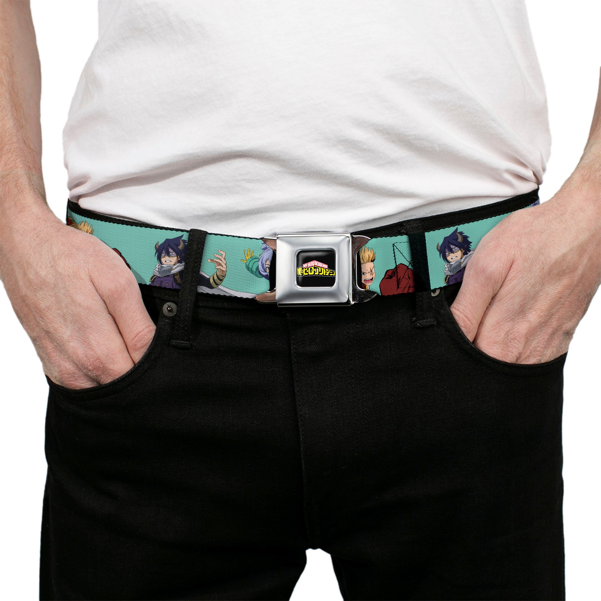 MY HERO ACADEMIA Title Logo Full Color Black Seatbelt Belt - My Hero Academia The Big 3 Action Poses Light Blue Webbing Seatbelt Belts My Hero Academia