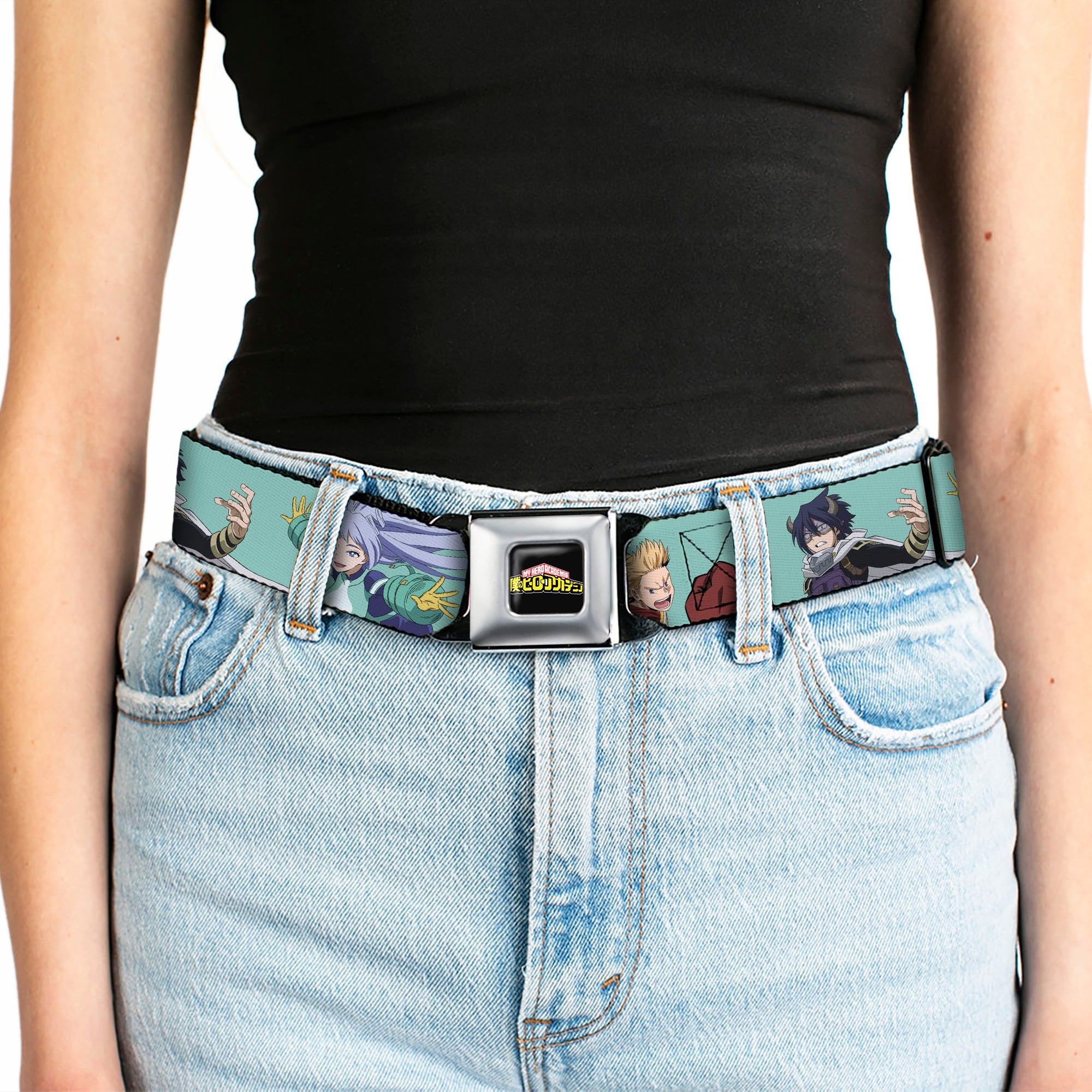 MY HERO ACADEMIA Title Logo Full Color Black Seatbelt Belt - My Hero Academia The Big 3 Action Poses Light Blue Webbing Seatbelt Belts My Hero Academia