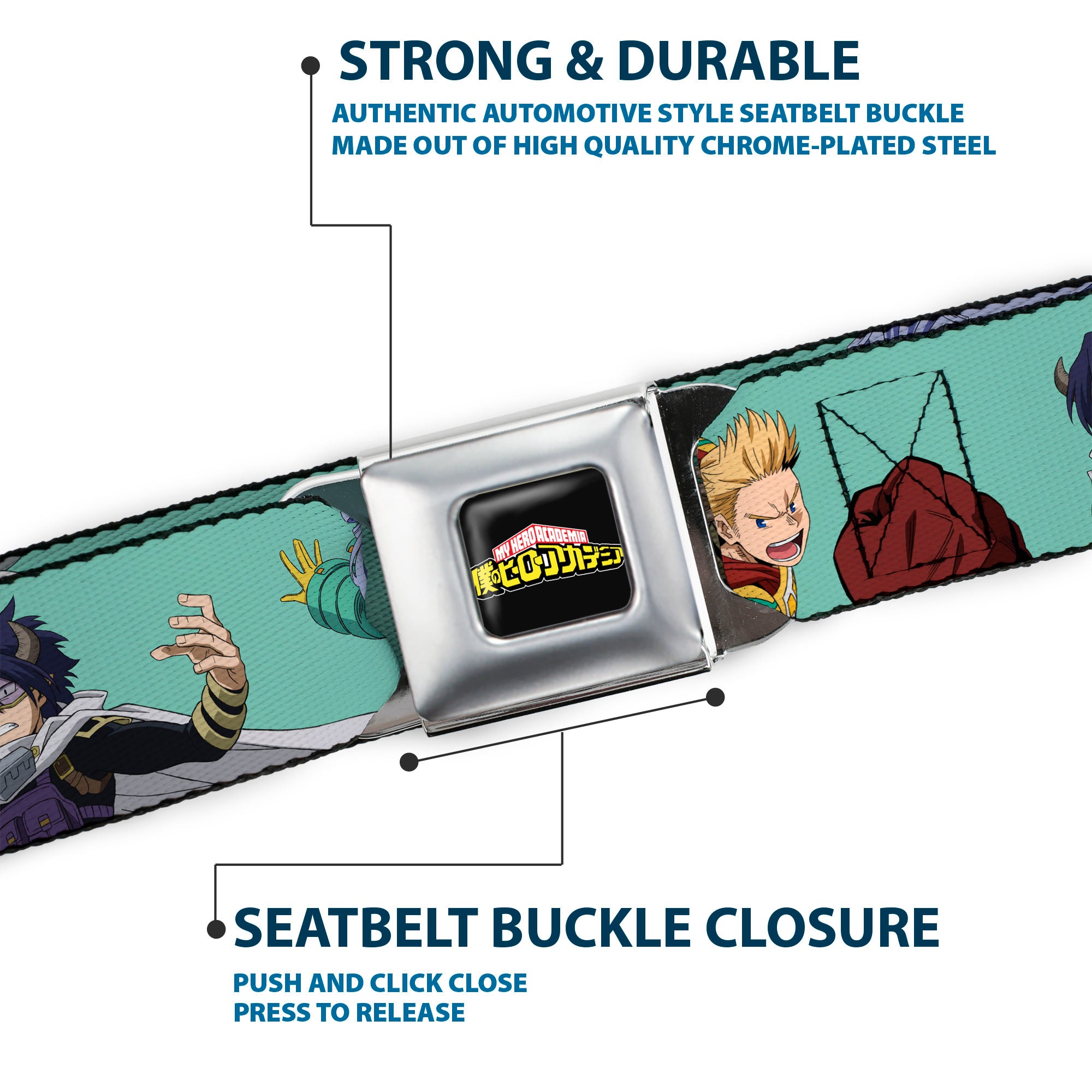 MY HERO ACADEMIA Title Logo Full Color Black Seatbelt Belt - My Hero Academia The Big 3 Action Poses Light Blue Webbing Seatbelt Belts My Hero Academia