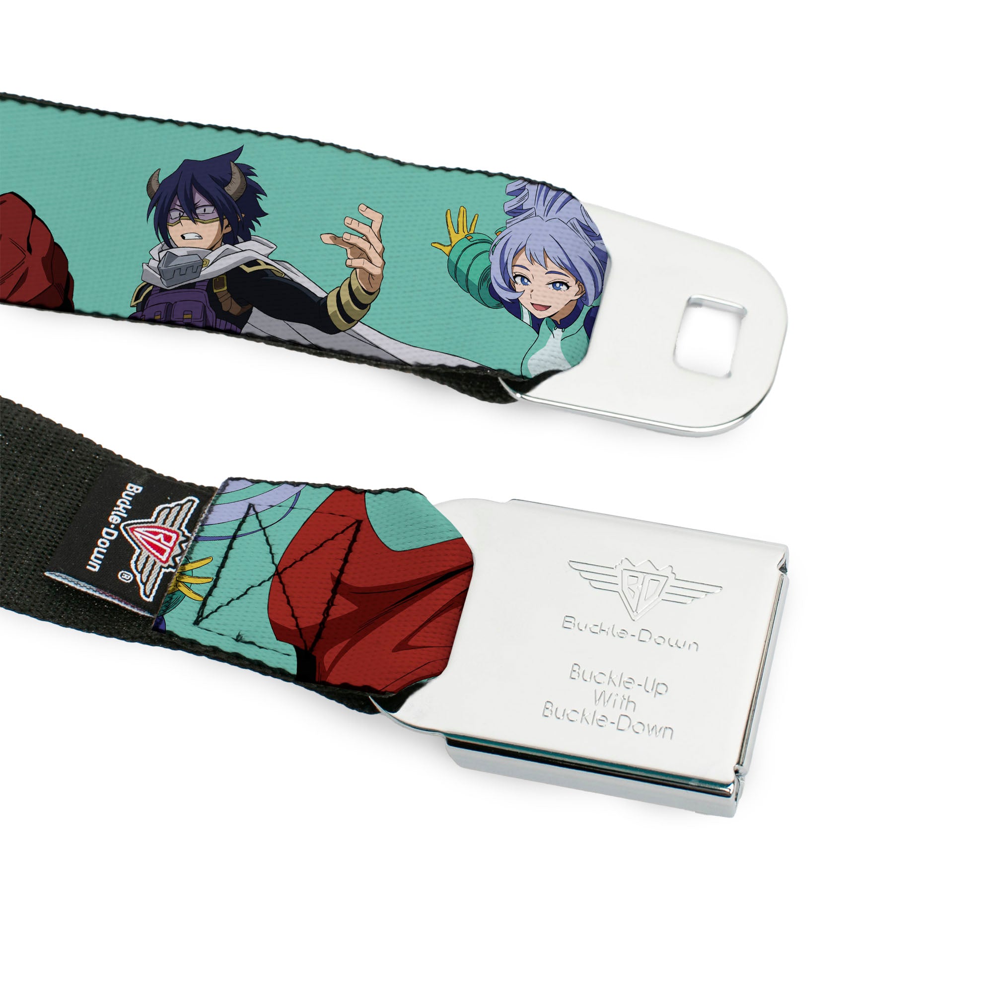 MY HERO ACADEMIA Title Logo Full Color Black Seatbelt Belt - My Hero Academia The Big 3 Action Poses Light Blue Webbing Seatbelt Belts My Hero Academia