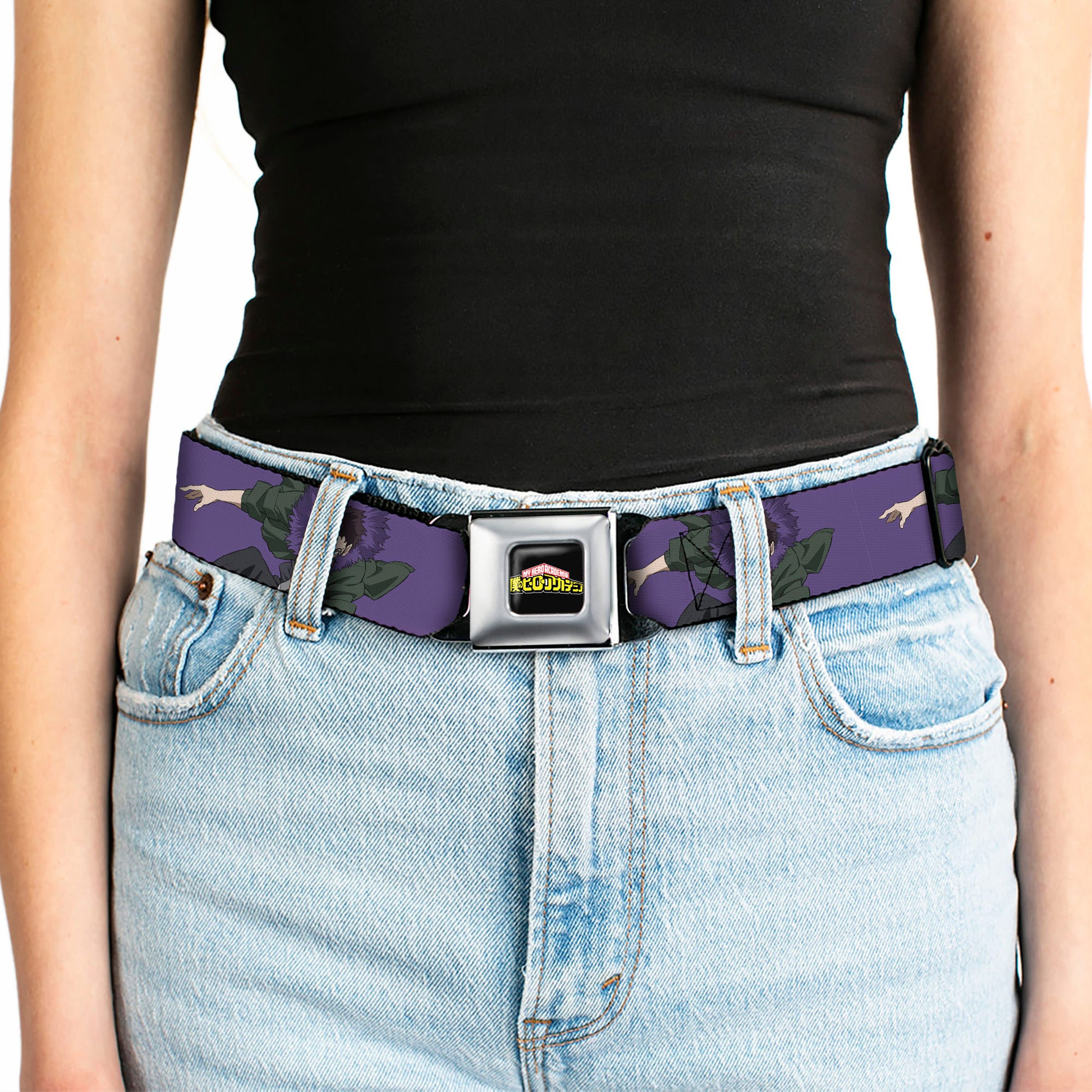 MY HERO ACADEMIA Title Logo Full Color Black Seatbelt Belt - My Hero Academia Kai Chisaki Action Pose Purple Webbing Seatbelt Belts My Hero Academia