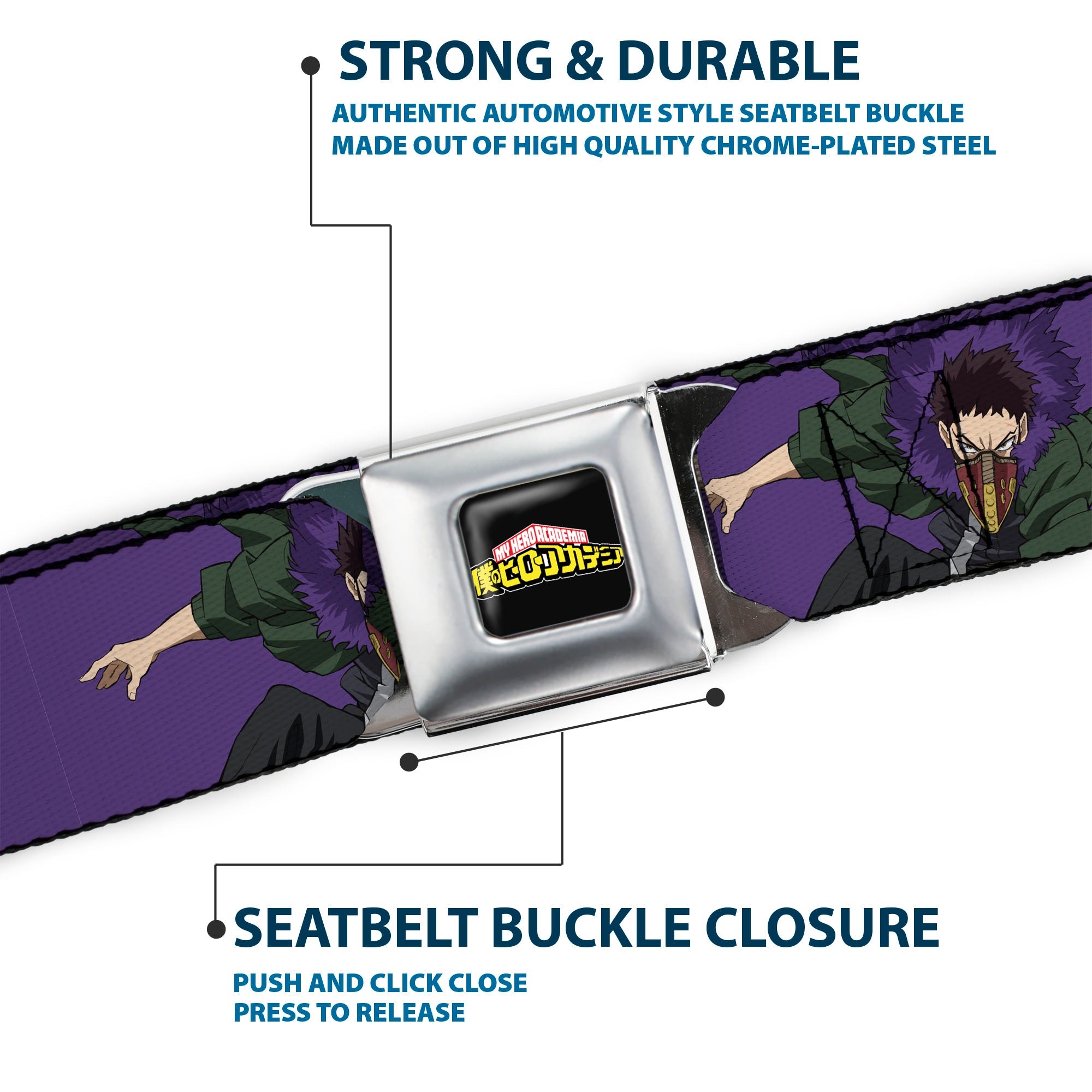 MY HERO ACADEMIA Title Logo Full Color Black Seatbelt Belt - My Hero Academia Kai Chisaki Action Pose Purple Webbing Seatbelt Belts My Hero Academia