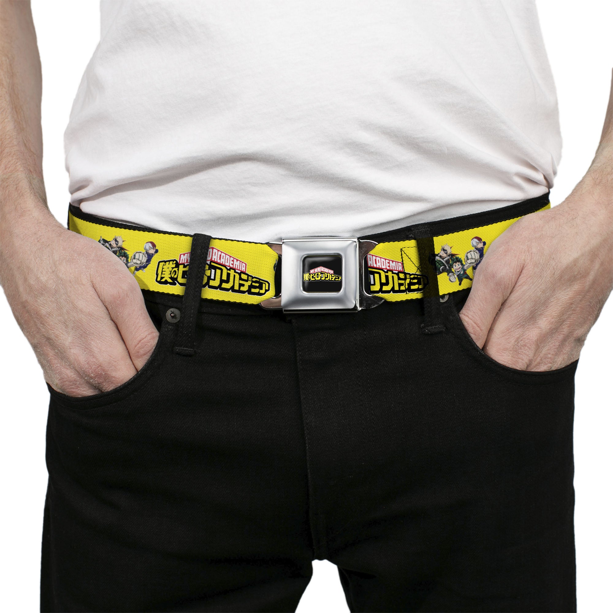 MY HERO ACADEMIA Title Logo Full Color Black Seatbelt Belt - MY HERO ACADEMIA Character Trio Pose and Title Logo Yellow Webbing Seatbelt Belts My Hero Academia