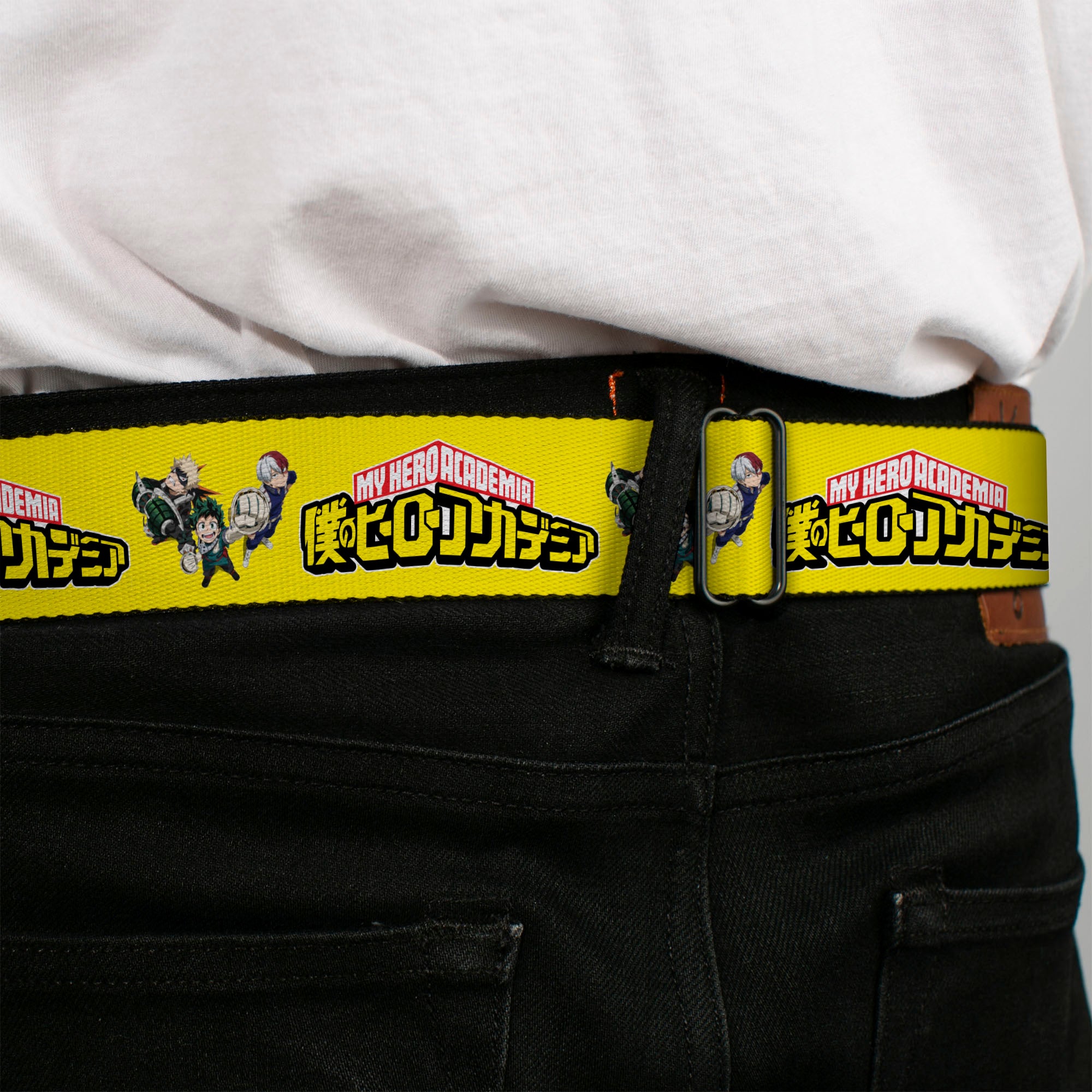 MY HERO ACADEMIA Title Logo Full Color Black Seatbelt Belt - MY HERO ACADEMIA Character Trio Pose and Title Logo Yellow Webbing Seatbelt Belts My Hero Academia