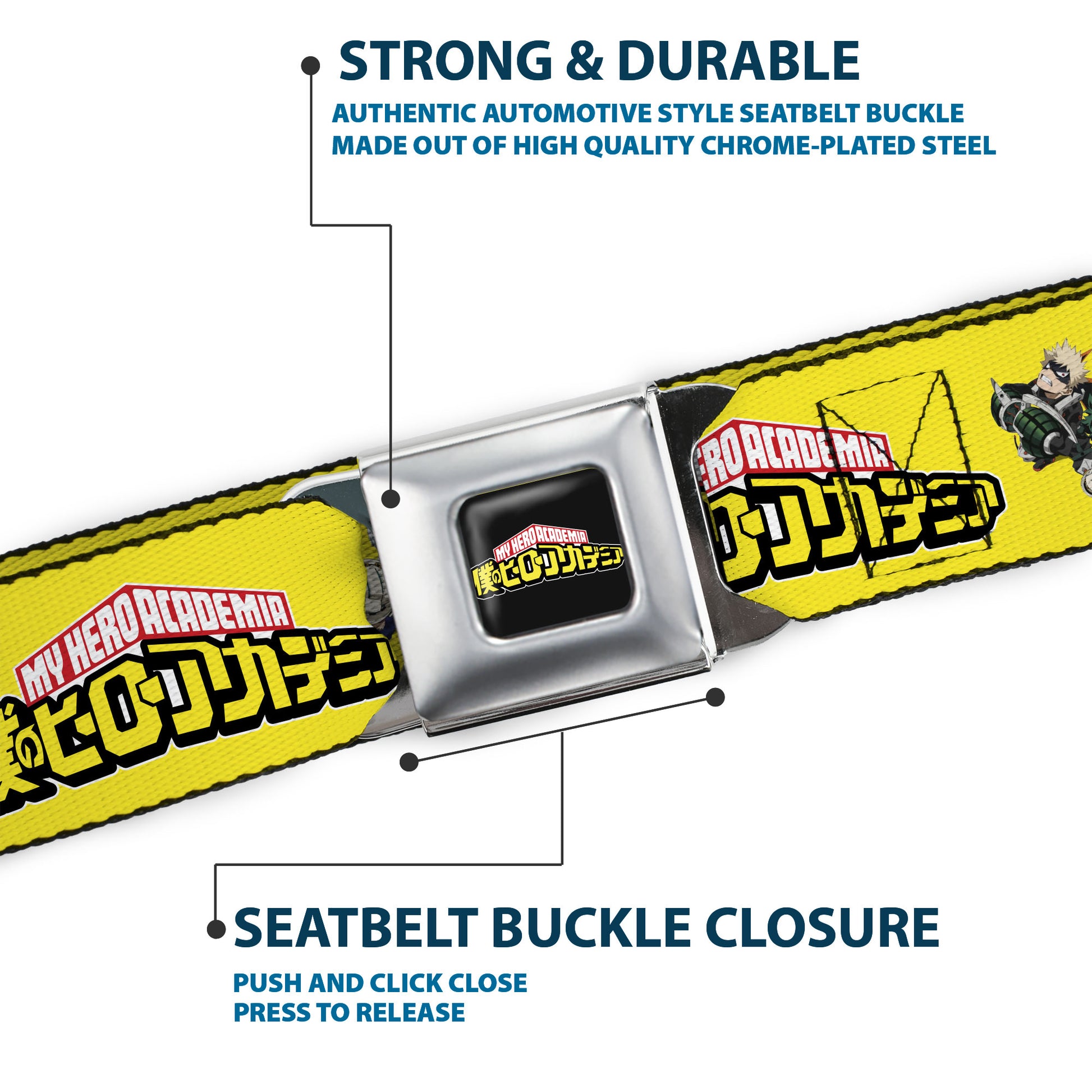 MY HERO ACADEMIA Title Logo Full Color Black Seatbelt Belt - MY HERO ACADEMIA Character Trio Pose and Title Logo Yellow Webbing Seatbelt Belts My Hero Academia