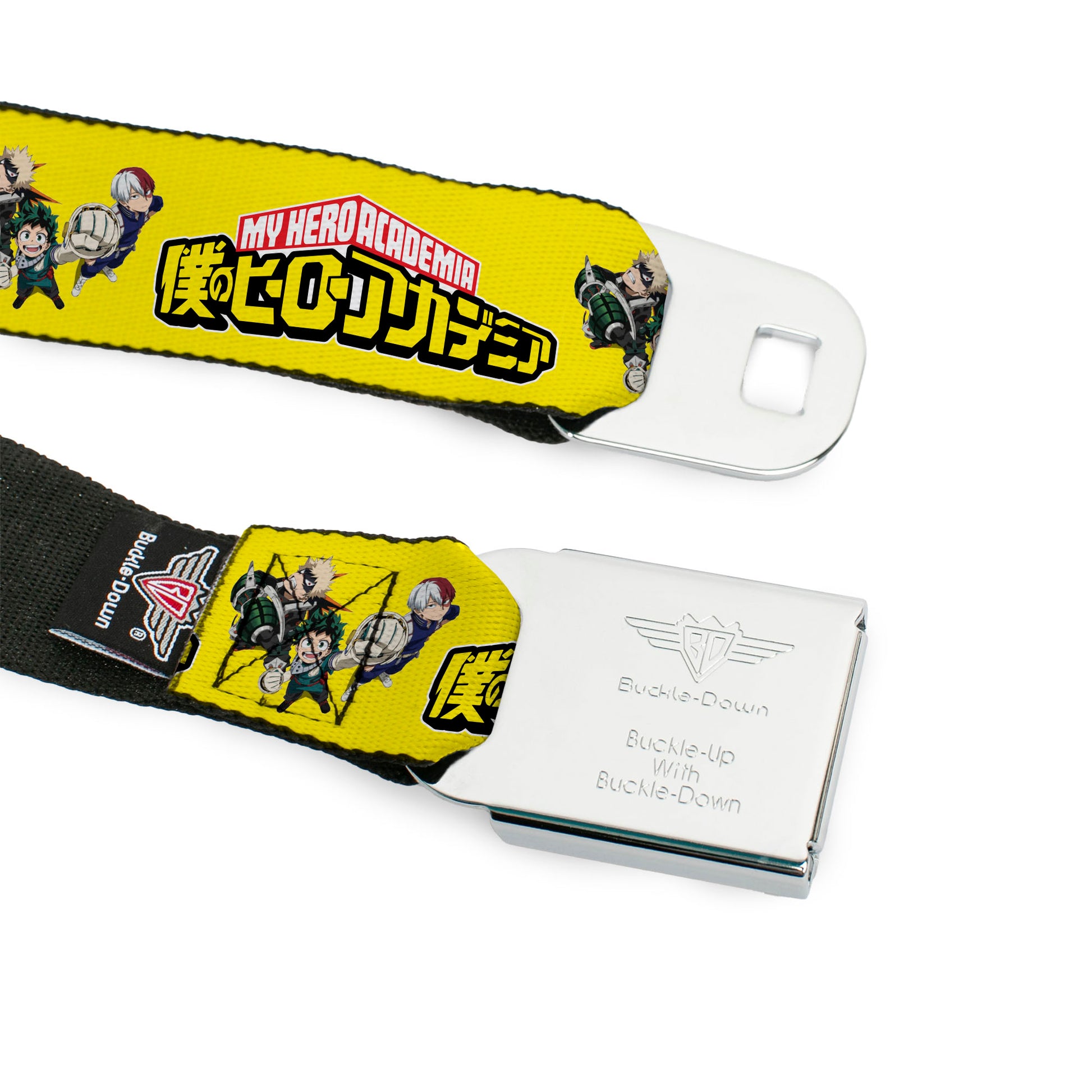 MY HERO ACADEMIA Title Logo Full Color Black Seatbelt Belt - MY HERO ACADEMIA Character Trio Pose and Title Logo Yellow Webbing Seatbelt Belts My Hero Academia