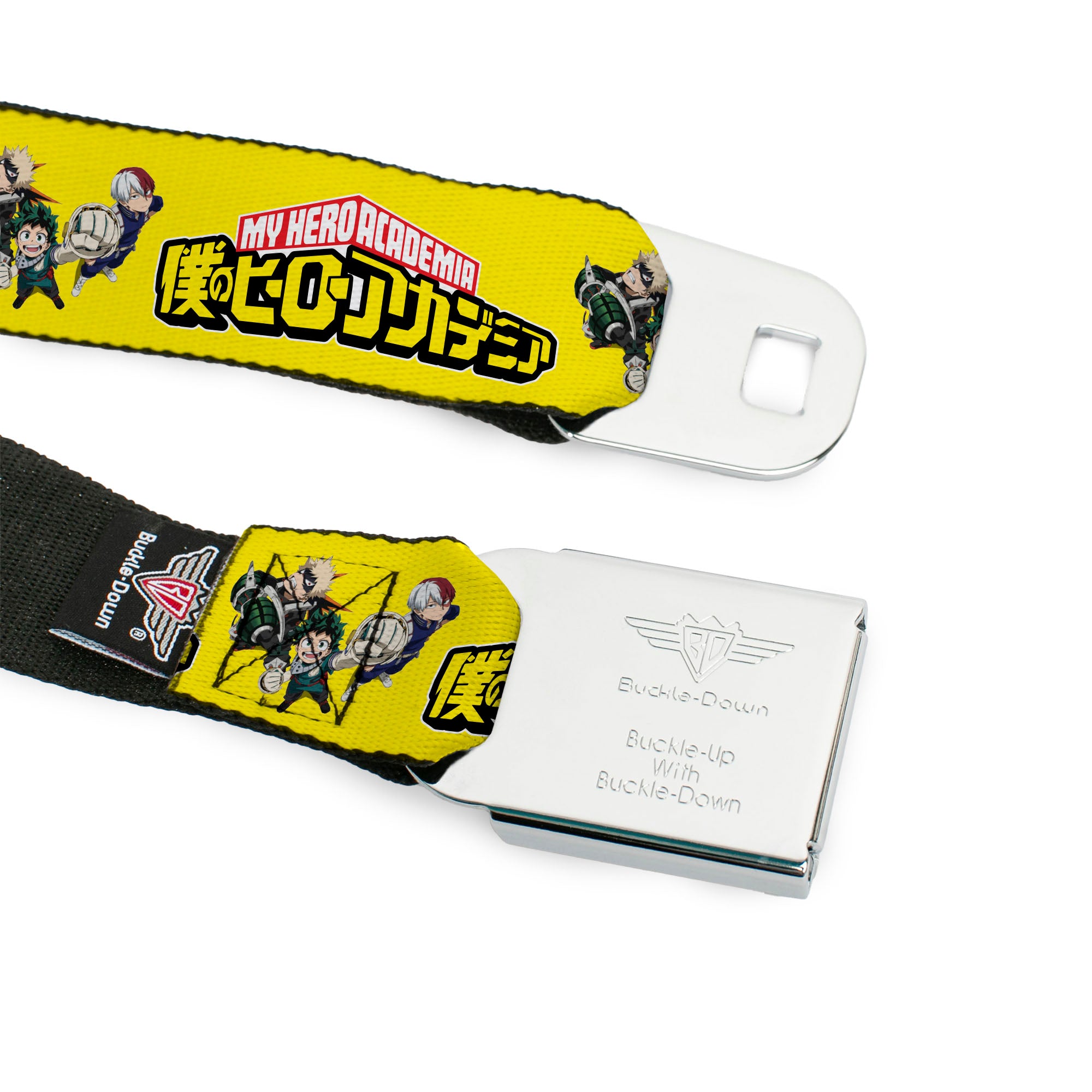MY HERO ACADEMIA Title Logo Full Color Black Seatbelt Belt - MY HERO ACADEMIA Character Trio Pose and Title Logo Yellow Webbing Seatbelt Belts My Hero Academia