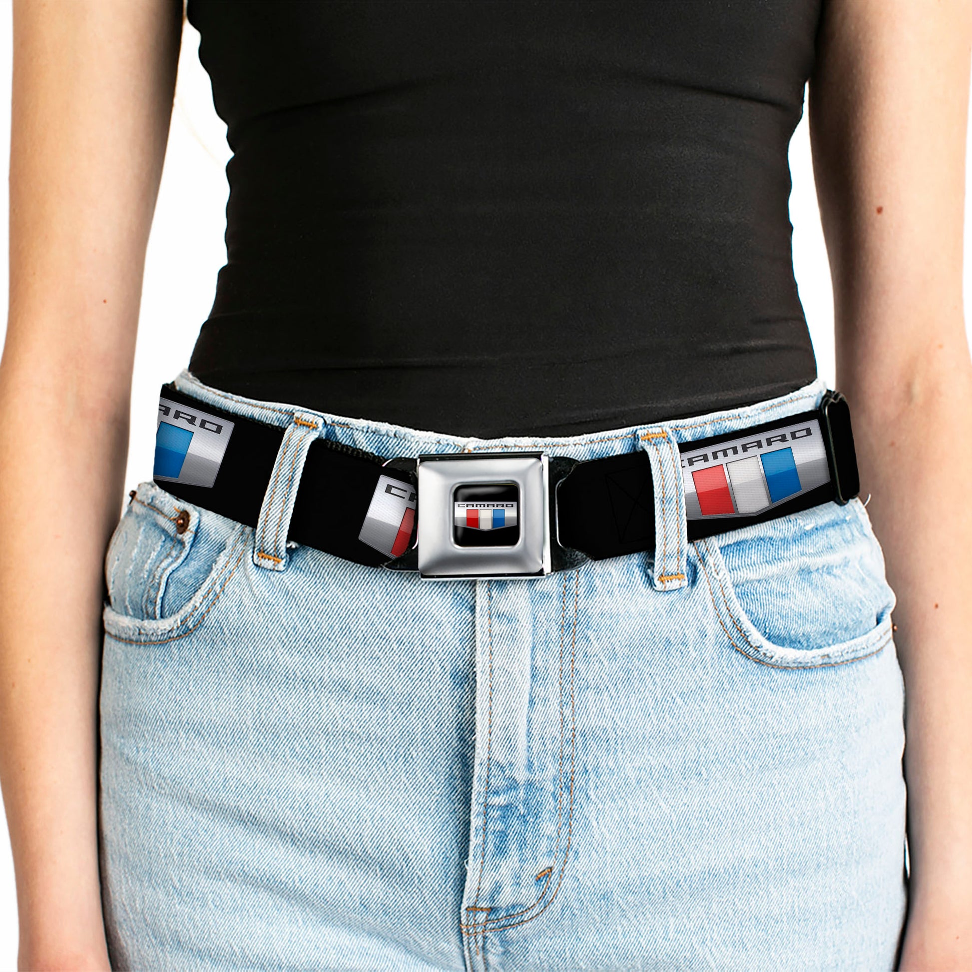 CAMARO Six Badge Full Color Black Silver Red White Blue Seatbelt Belt - CAMARO Six Badge Black/Silver/Red/White/Blue Webbing Seatbelt Belts GM General Motors