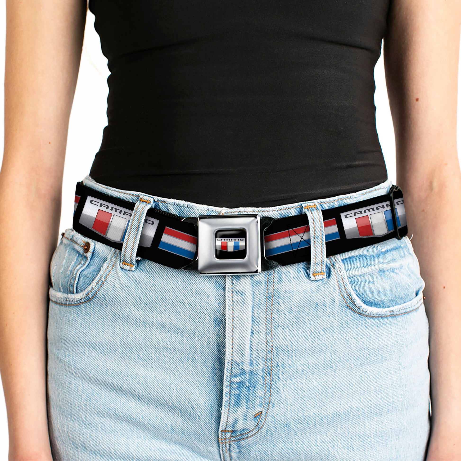 CAMARO Six Badge Full Color Black Silver Red White Blue Seatbelt Belt - CAMARO Six Badge/Stripe Black/Silver/Red/White/Blue Webbing Seatbelt Belts GM General Motors