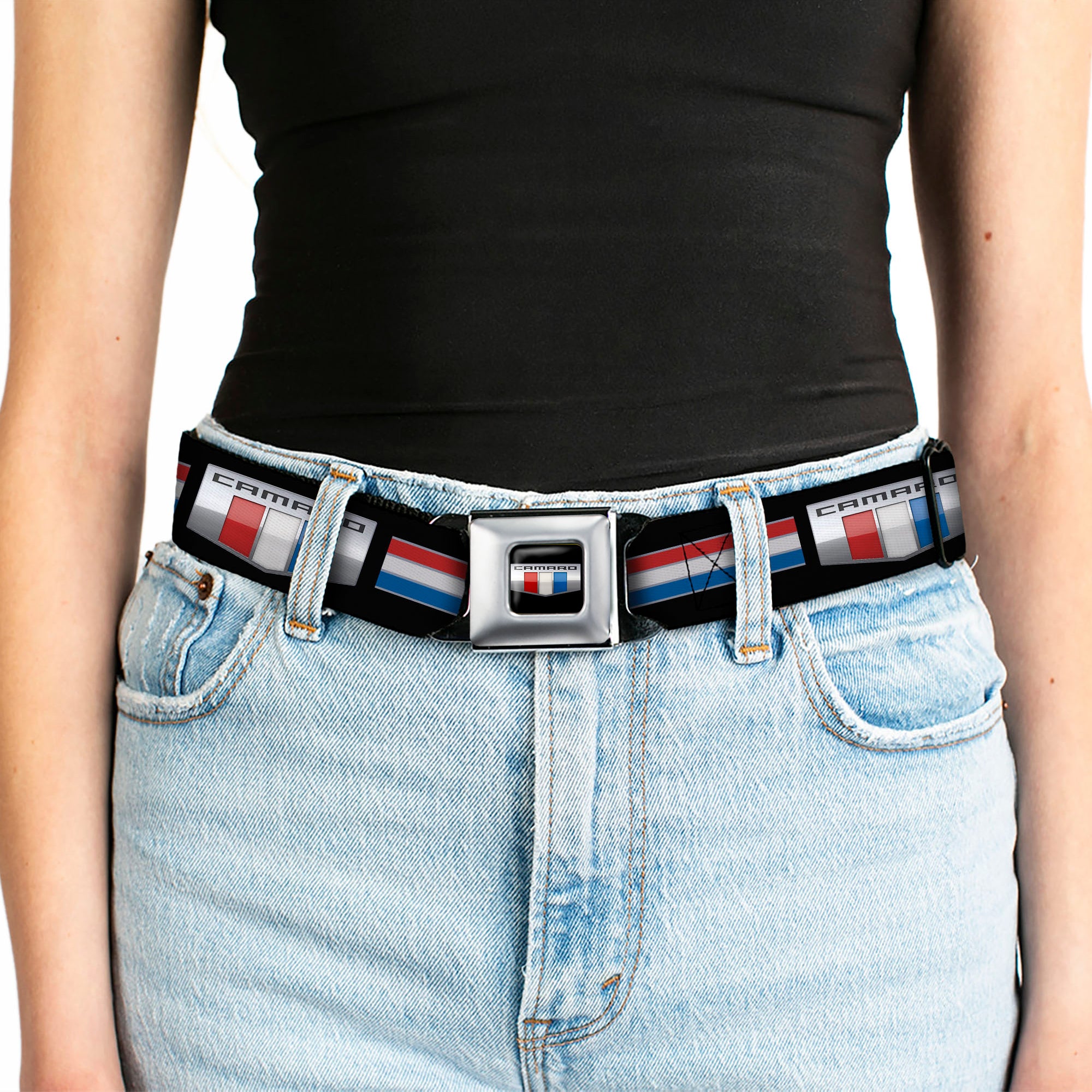 CAMARO Six Badge Full Color Black Silver Red White Blue Seatbelt Belt - CAMARO Six Badge/Stripe Black/Silver/Red/White/Blue Webbing Seatbelt Belts GM General Motors