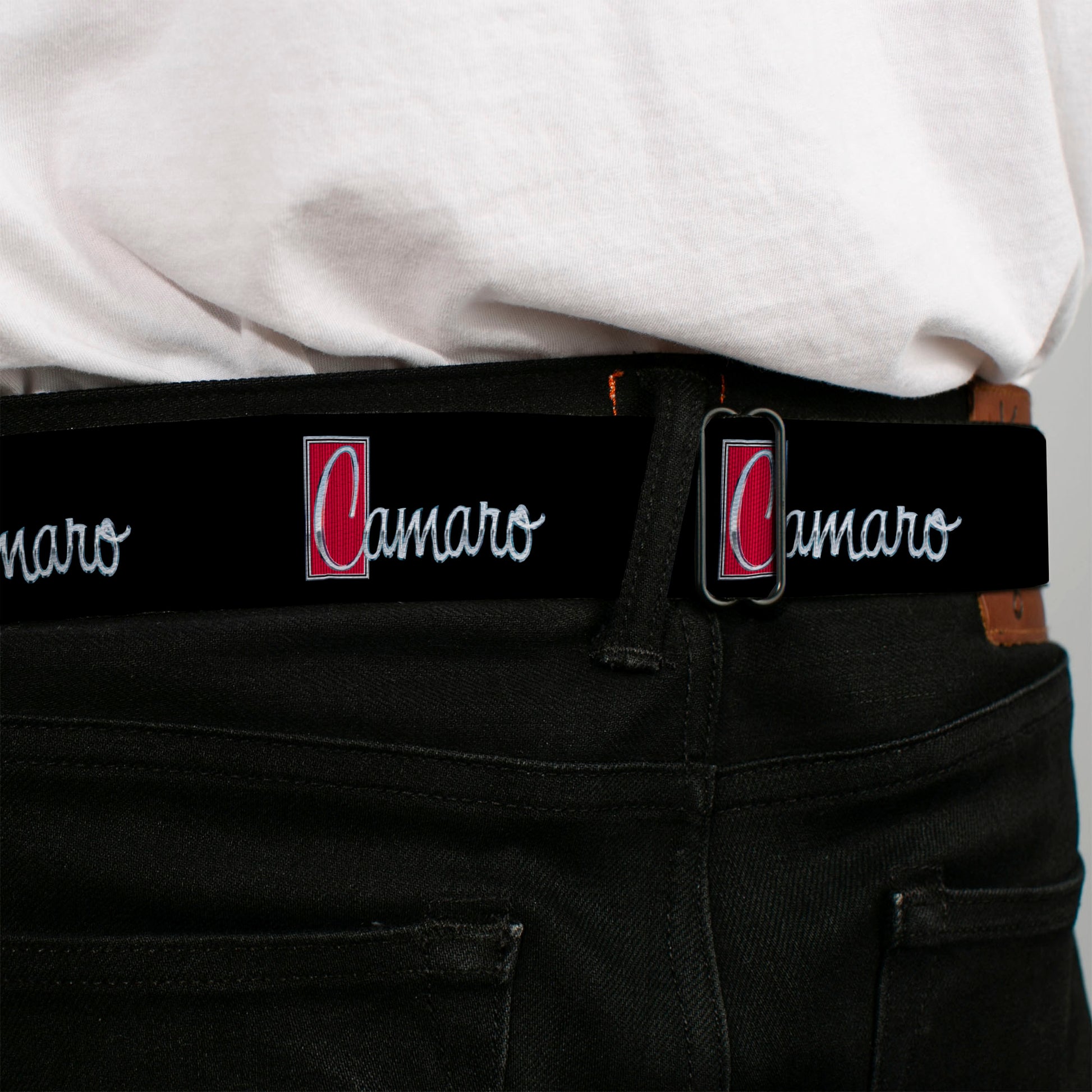 1972 CAMARO Script Emblem Full Color Black Silver Reds Seatbelt Belt - 1972 CAMARO Script Emblem Black/Silver/Reds Webbing Seatbelt Belts GM General Motors