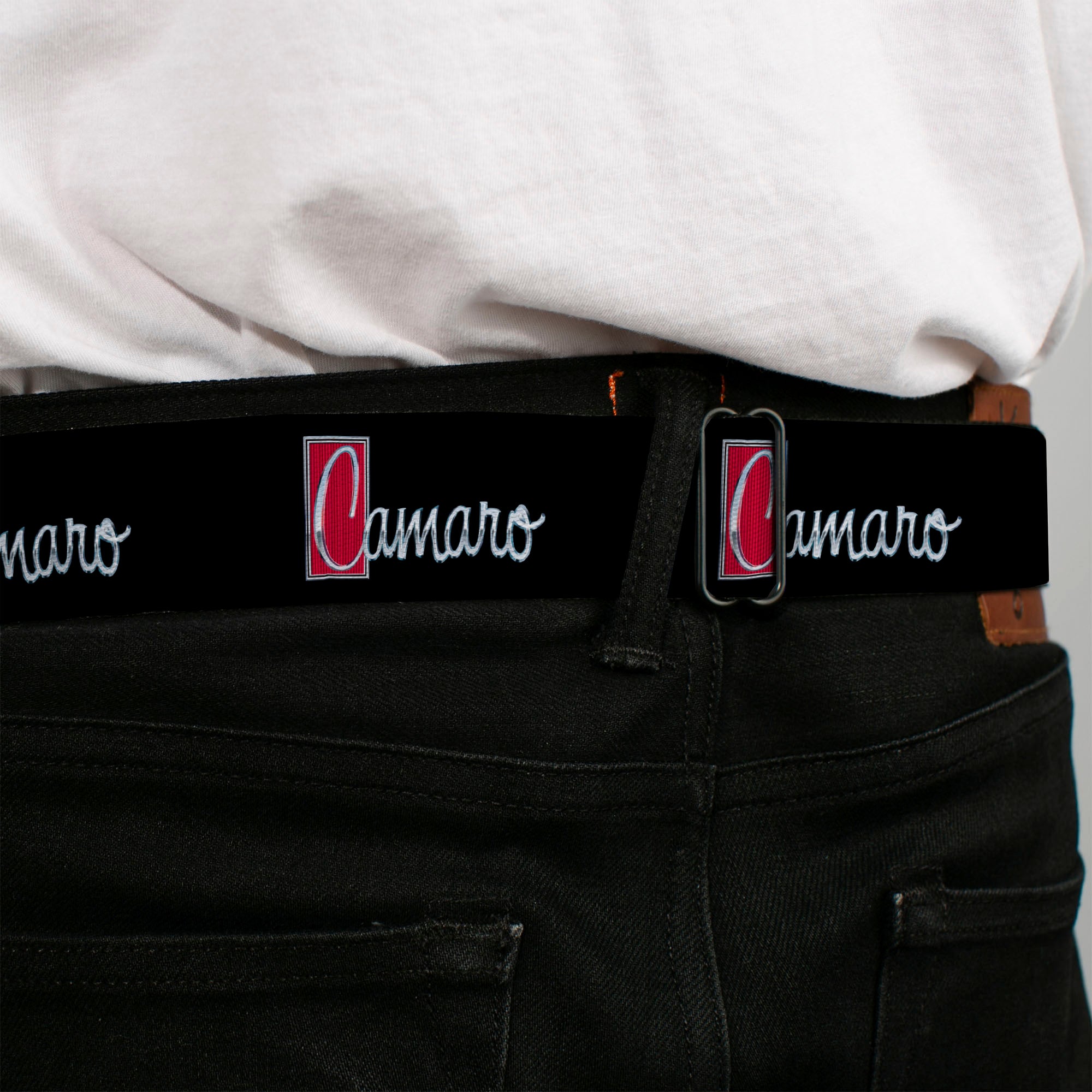 1972 CAMARO Script Emblem Full Color Black Silver Reds Seatbelt Belt - 1972 CAMARO Script Emblem Black/Silver/Reds Webbing Seatbelt Belts GM General Motors