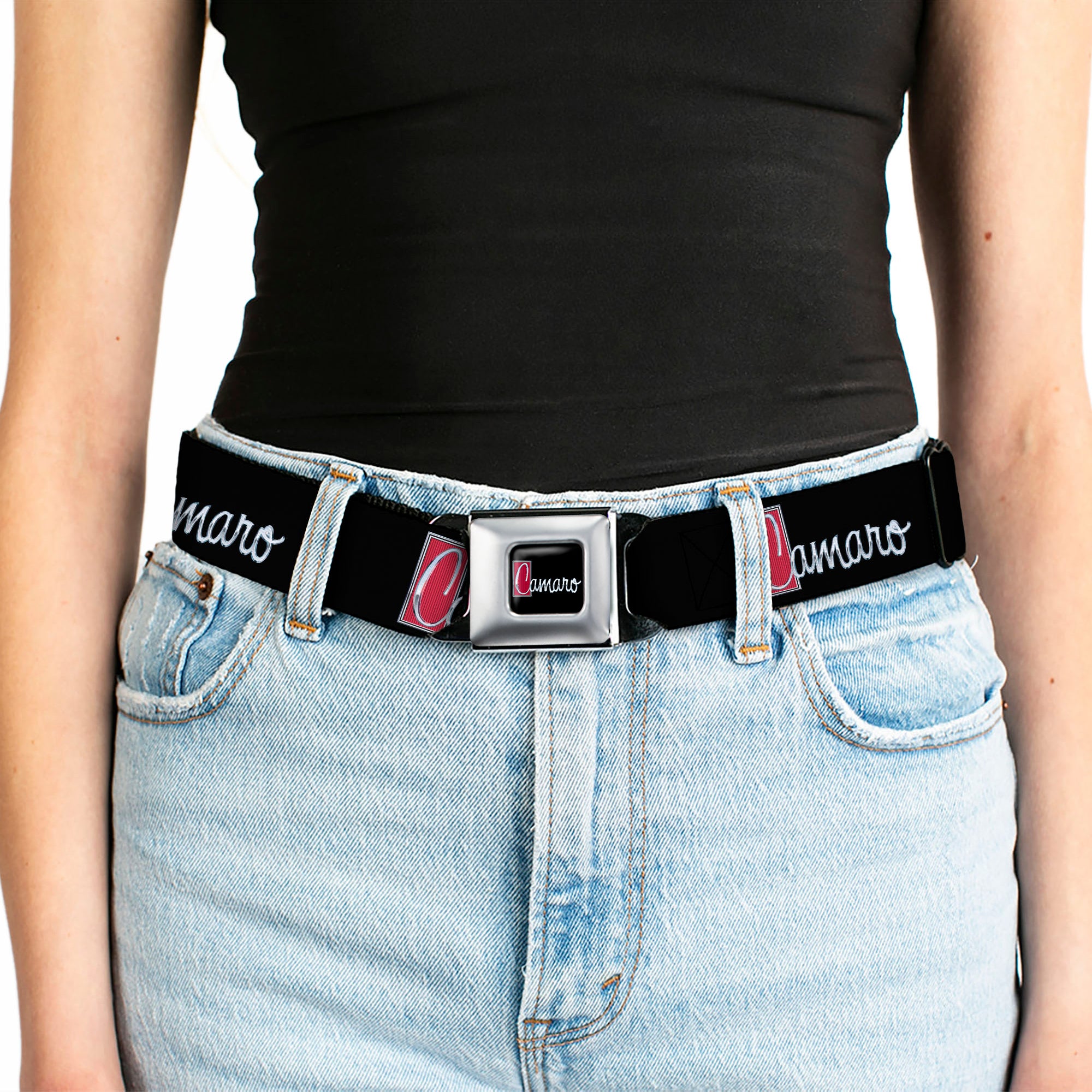 1972 CAMARO Script Emblem Full Color Black Silver Reds Seatbelt Belt - 1972 CAMARO Script Emblem Black/Silver/Reds Webbing Seatbelt Belts GM General Motors