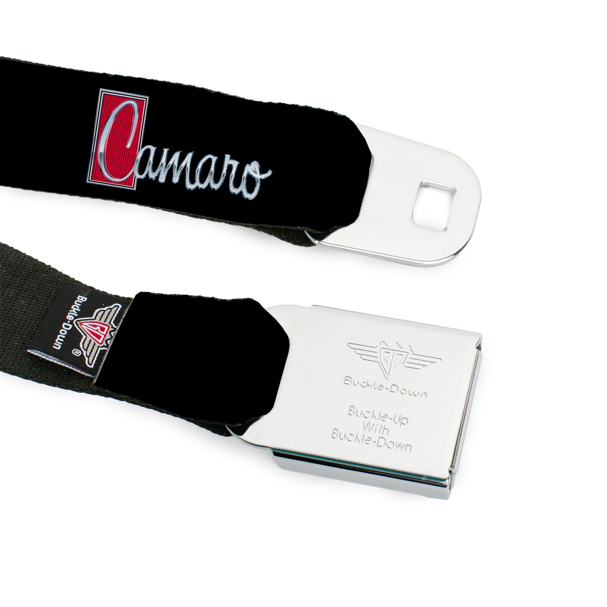 1972 CAMARO Script Emblem Full Color Black Silver Reds Seatbelt Belt - 1972 CAMARO Script Emblem Black/Silver/Reds Webbing Seatbelt Belts GM General Motors
