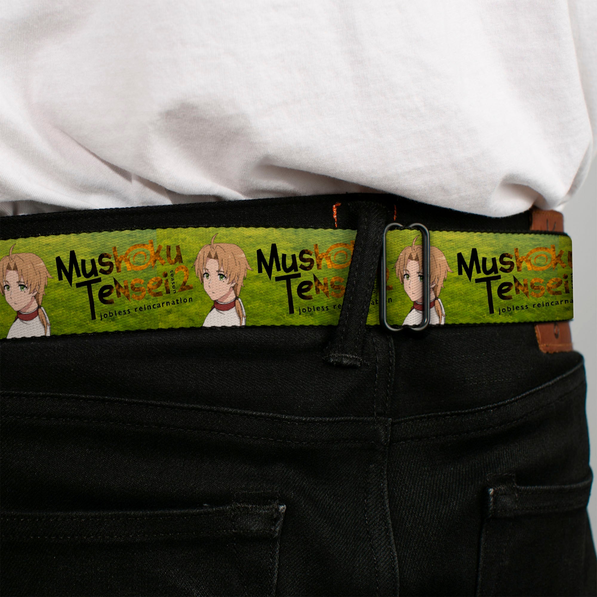 MUSHOKU TENSEI SEASON 2 JOBLESS REINACARNATION Title Logo Full Color White Seatbelt Belt - MUSHOKU TENSEI Rudeus Greyrat Pose and Title Logo Green Webbing Seatbelt Belts Mushoku Tensei Jobless Reincarnation