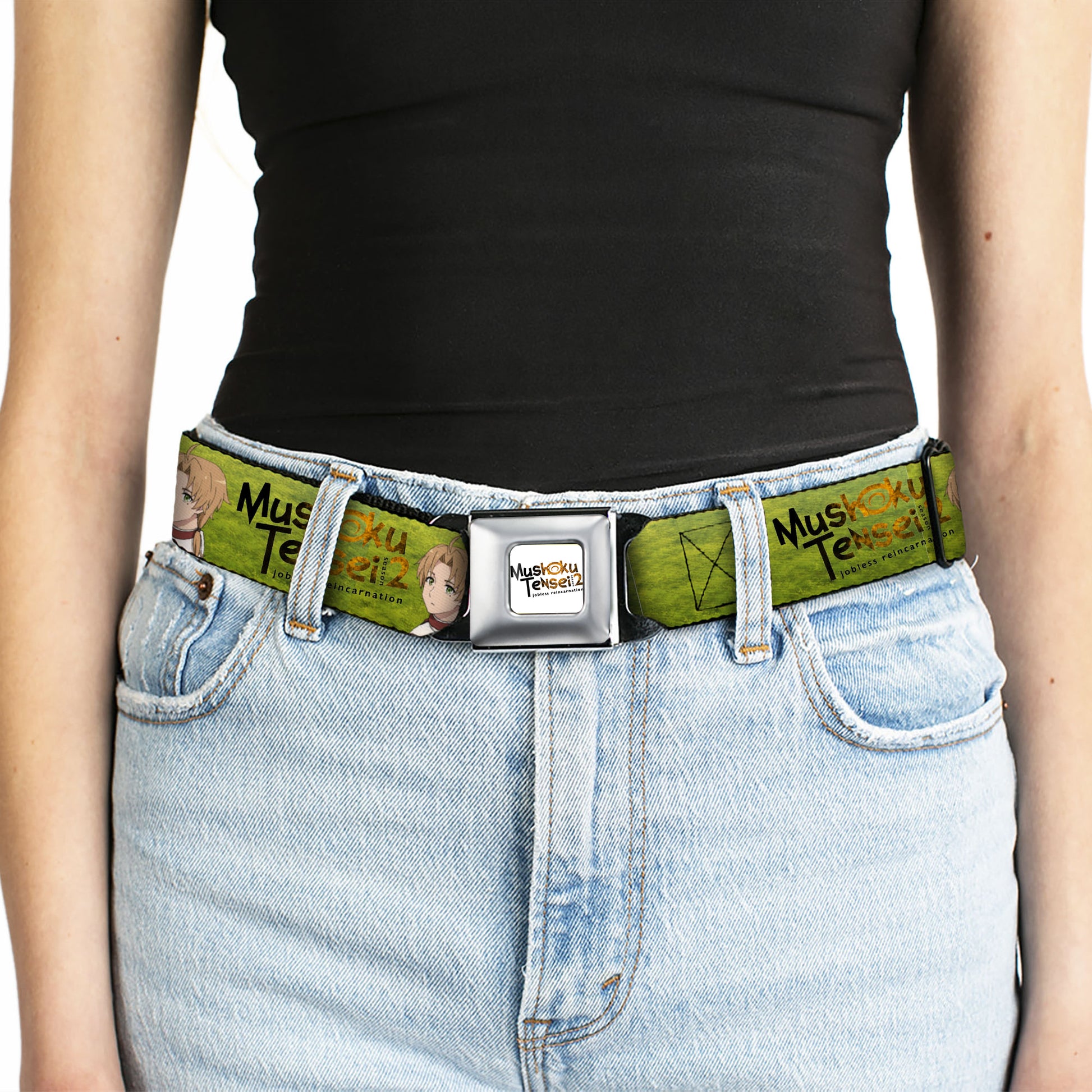 MUSHOKU TENSEI SEASON 2 JOBLESS REINACARNATION Title Logo Full Color White Seatbelt Belt - MUSHOKU TENSEI Rudeus Greyrat Pose and Title Logo Green Webbing Seatbelt Belts Mushoku Tensei Jobless Reincarnation