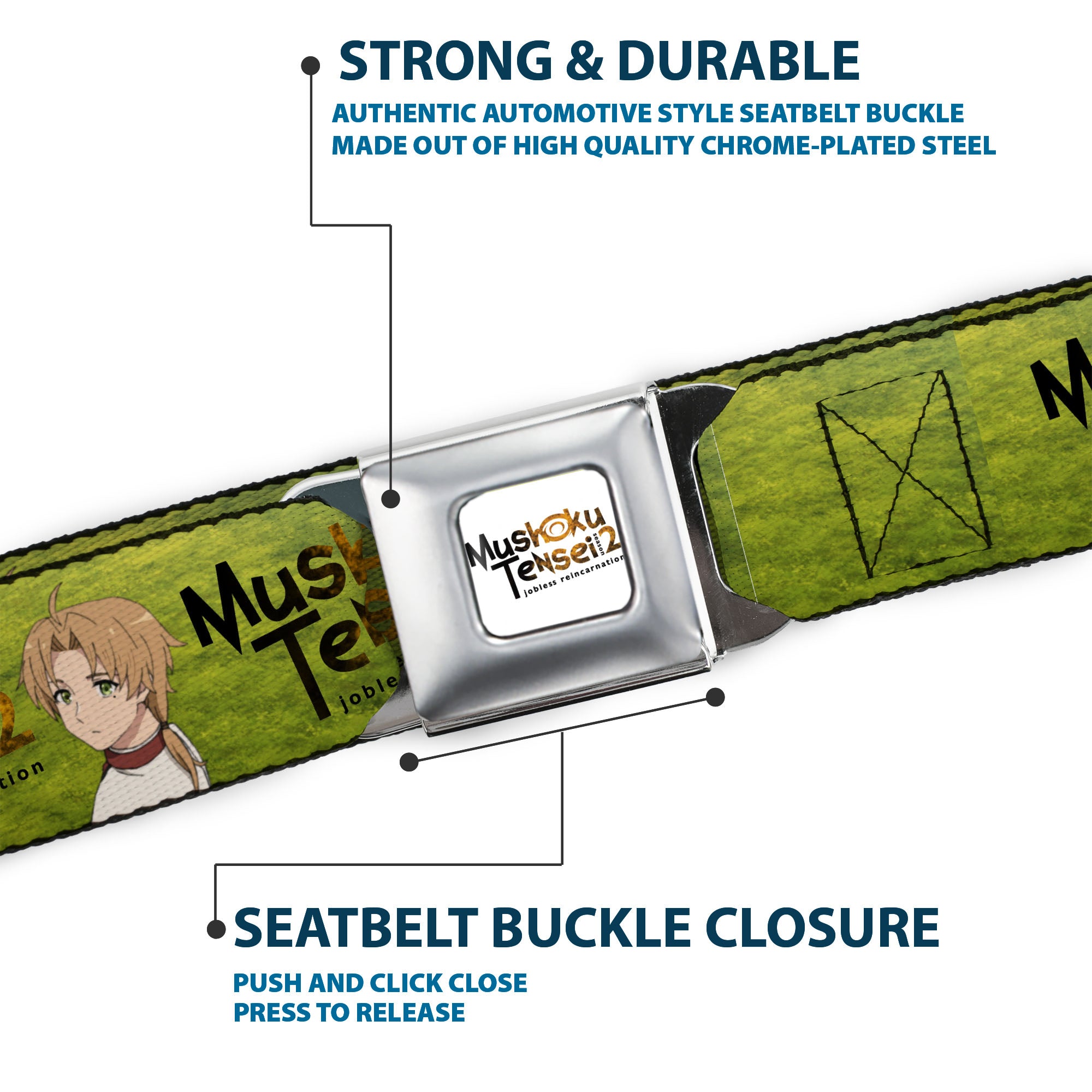 MUSHOKU TENSEI SEASON 2 JOBLESS REINACARNATION Title Logo Full Color White Seatbelt Belt - MUSHOKU TENSEI Rudeus Greyrat Pose and Title Logo Green Webbing Seatbelt Belts Mushoku Tensei Jobless Reincarnation
