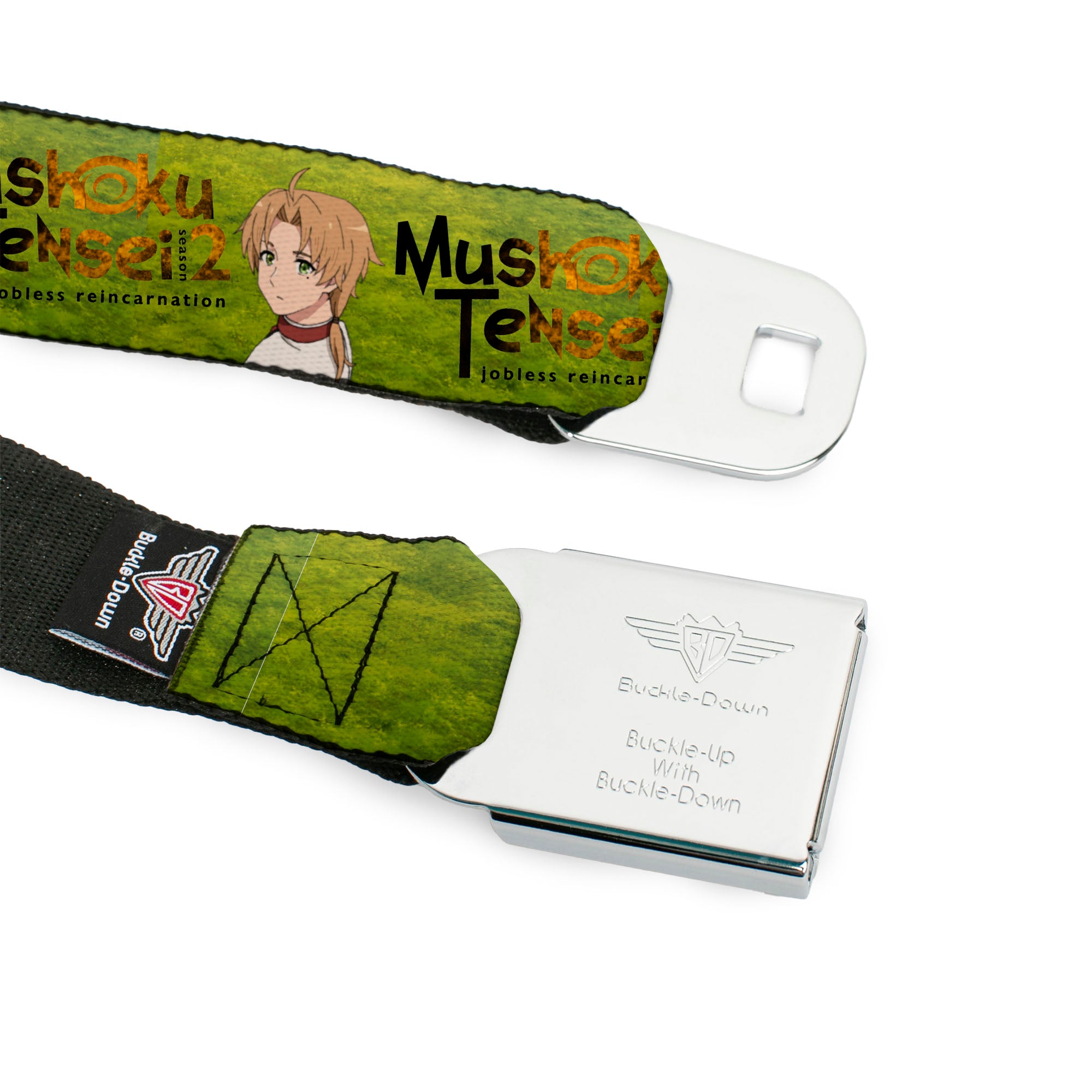 MUSHOKU TENSEI SEASON 2 JOBLESS REINACARNATION Title Logo Full Color White Seatbelt Belt - MUSHOKU TENSEI Rudeus Greyrat Pose and Title Logo Green Webbing Seatbelt Belts Mushoku Tensei Jobless Reincarnation