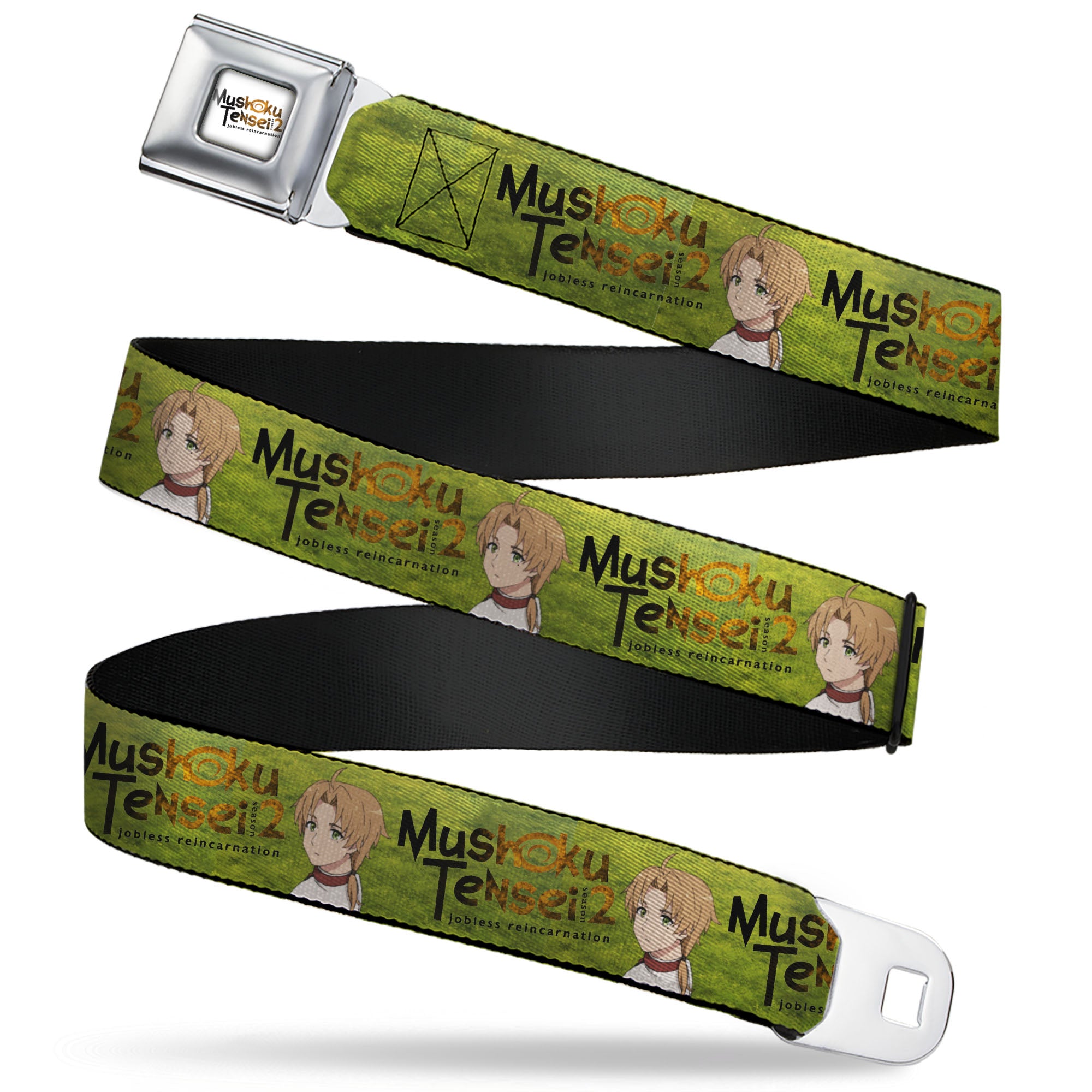 MUSHOKU TENSEI SEASON 2 JOBLESS REINACARNATION Title Logo Full Color White Seatbelt Belt - MUSHOKU TENSEI Rudeus Greyrat Pose and Title Logo Green Webbing Seatbelt Belts Mushoku Tensei Jobless Reincarnation