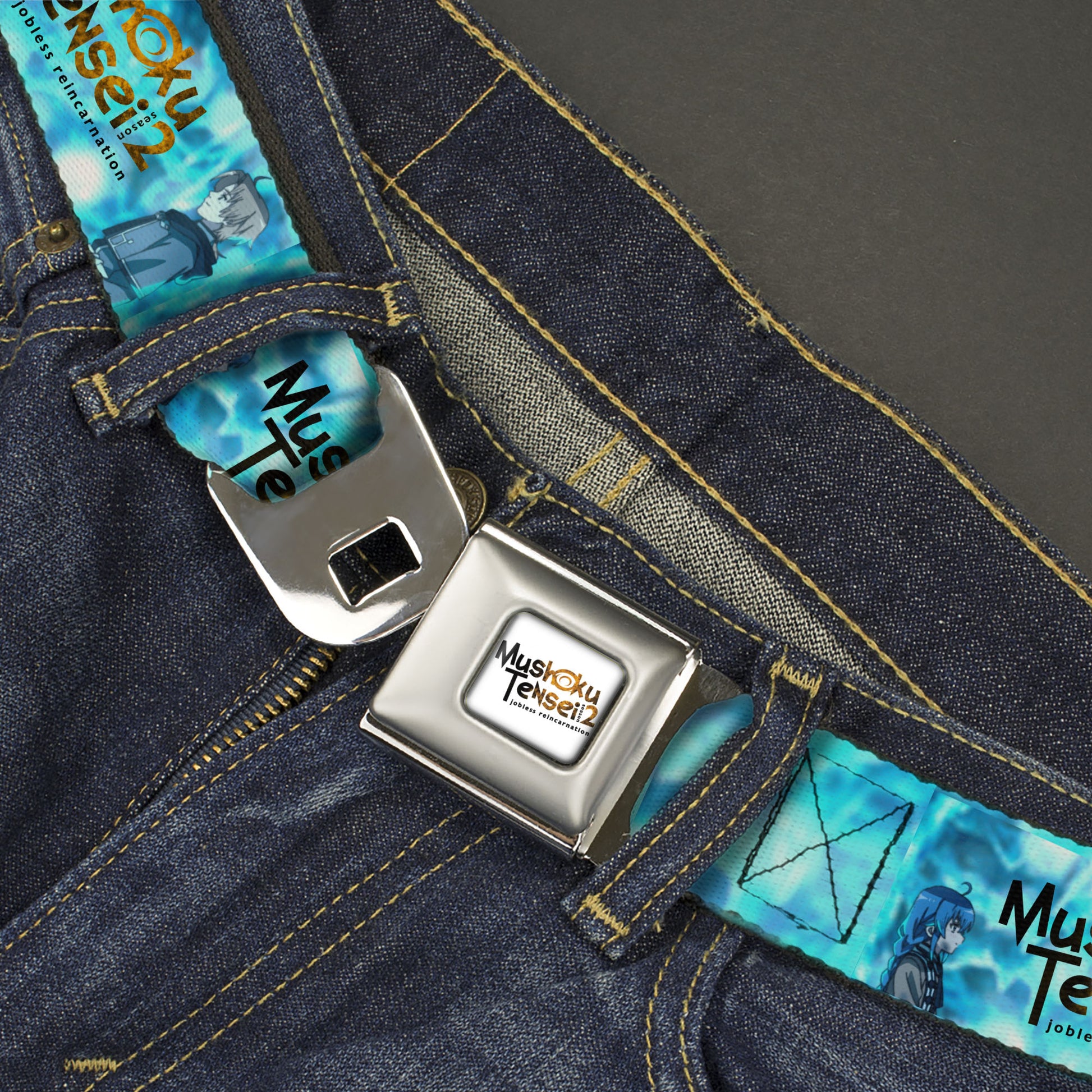 MUSHOKU TENSEI SEASON 2 JOBLESS REINACARNATION Title Logo Full Color White Seatbelt Belt - MUSHOKU TENSEI Rudeus and Roxy Pose and Title Logo Blues Webbing Seatbelt Belts Mushoku Tensei Jobless Reincarnation