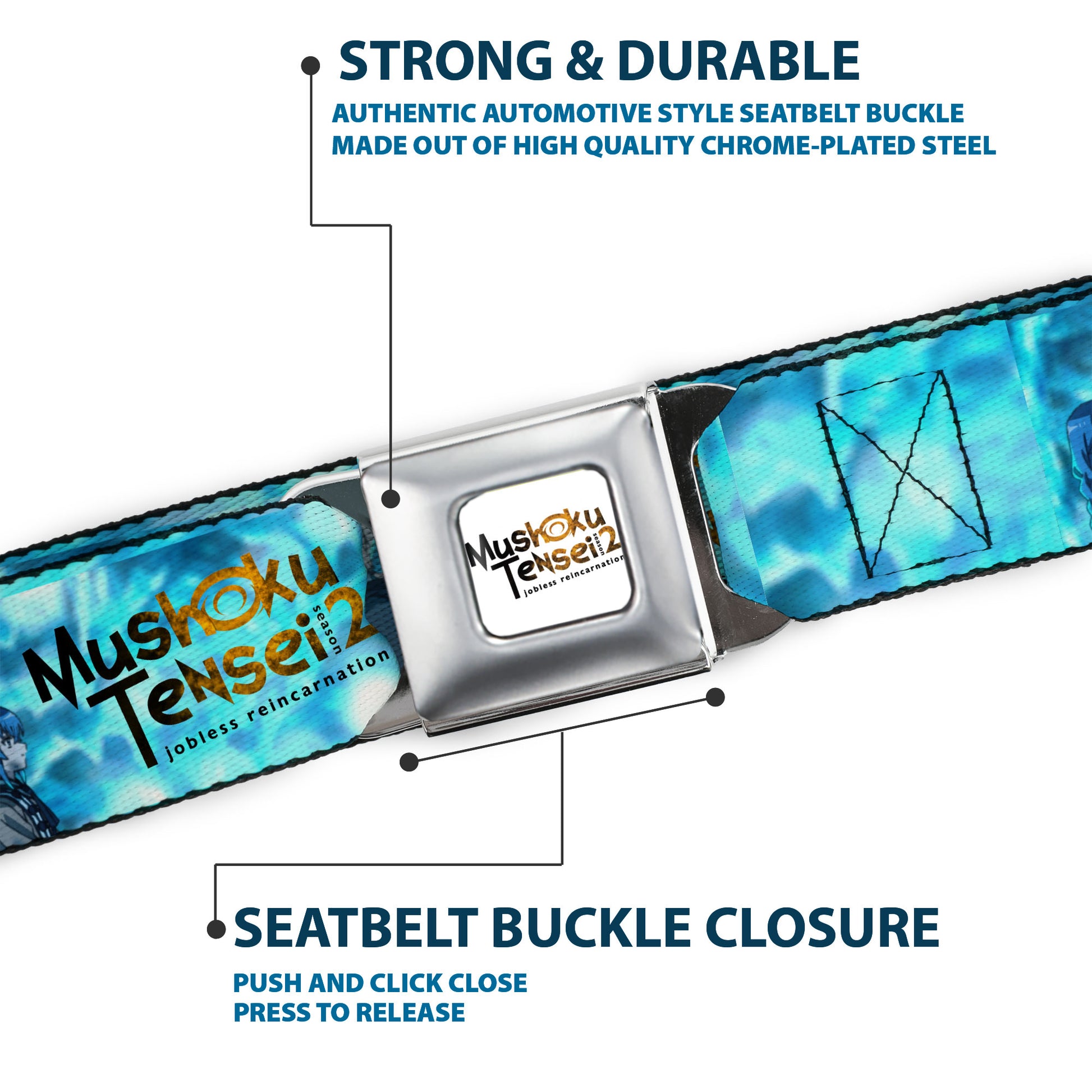 MUSHOKU TENSEI SEASON 2 JOBLESS REINACARNATION Title Logo Full Color White Seatbelt Belt - MUSHOKU TENSEI Rudeus and Roxy Pose and Title Logo Blues Webbing Seatbelt Belts Mushoku Tensei Jobless Reincarnation