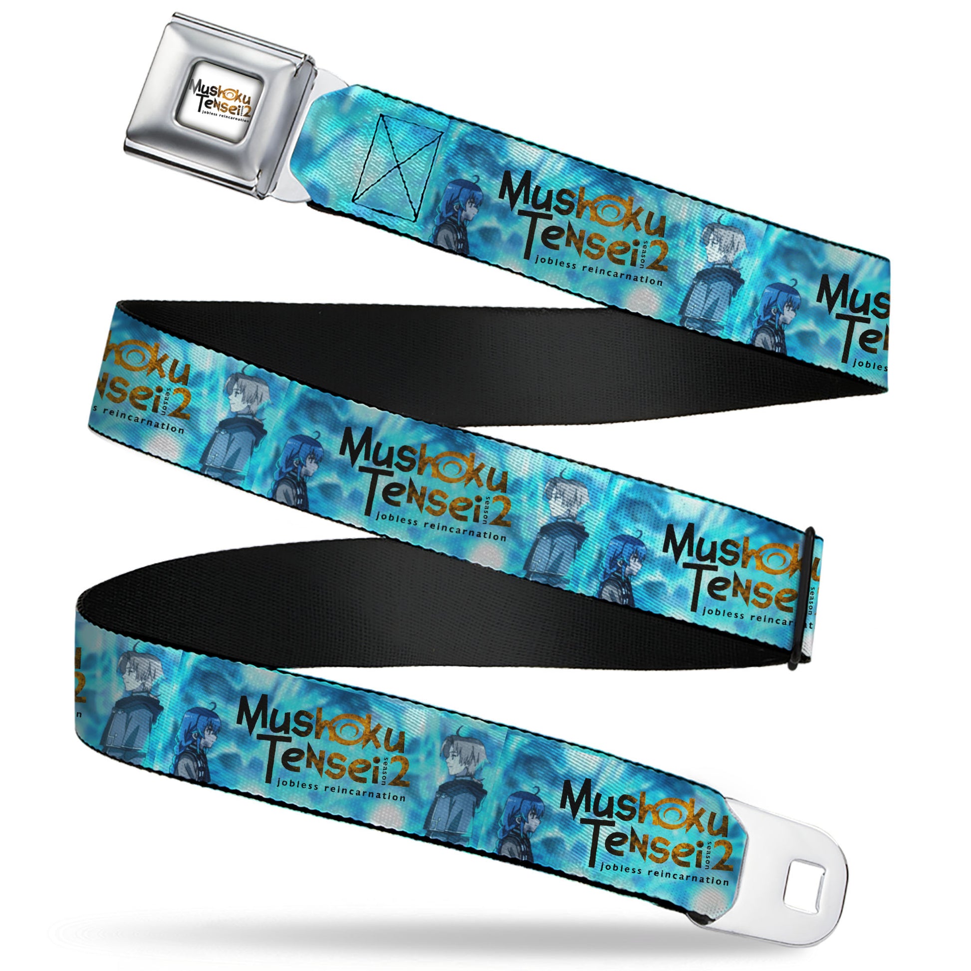 MUSHOKU TENSEI SEASON 2 JOBLESS REINACARNATION Title Logo Full Color White Seatbelt Belt - MUSHOKU TENSEI Rudeus and Roxy Pose and Title Logo Blues Webbing Seatbelt Belts Mushoku Tensei Jobless Reincarnation