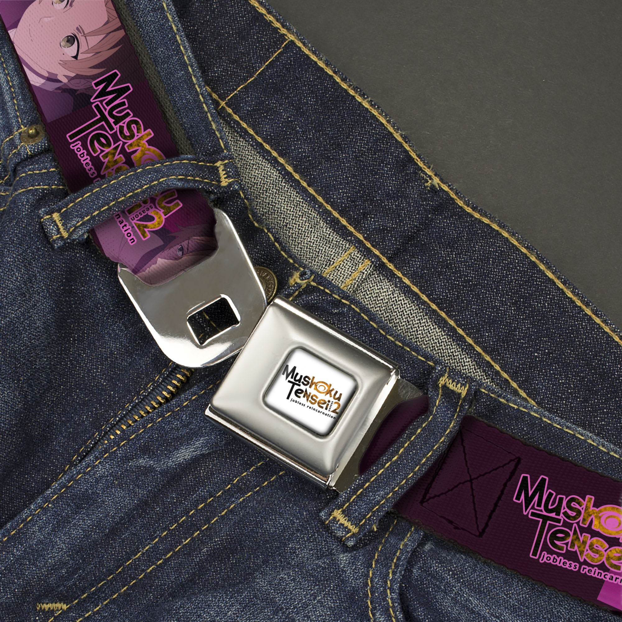 MUSHOKU TENSEI SEASON 2 JOBLESS REINACARNATION Title Logo Full Color White Seatbelt Belt - MUSHOKU TENSEI Rudeus and Paul Pose and Title Logo Pinks Webbing Seatbelt Belts Mushoku Tensei Jobless Reincarnation