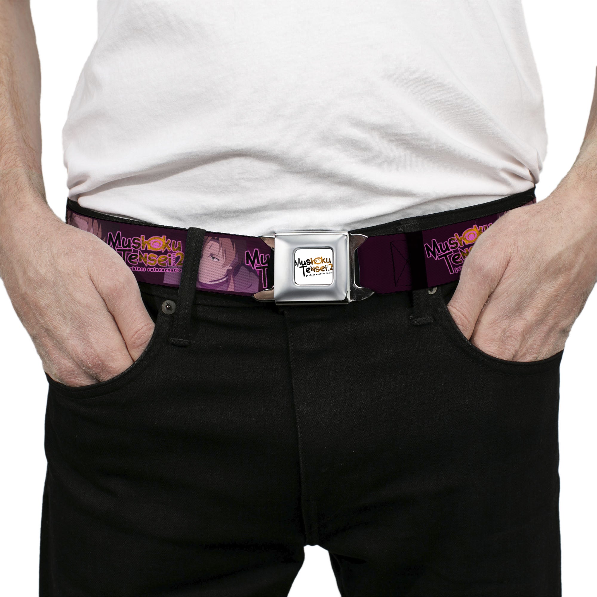 MUSHOKU TENSEI SEASON 2 JOBLESS REINACARNATION Title Logo Full Color White Seatbelt Belt - MUSHOKU TENSEI Rudeus and Paul Pose and Title Logo Pinks Webbing Seatbelt Belts Mushoku Tensei Jobless Reincarnation